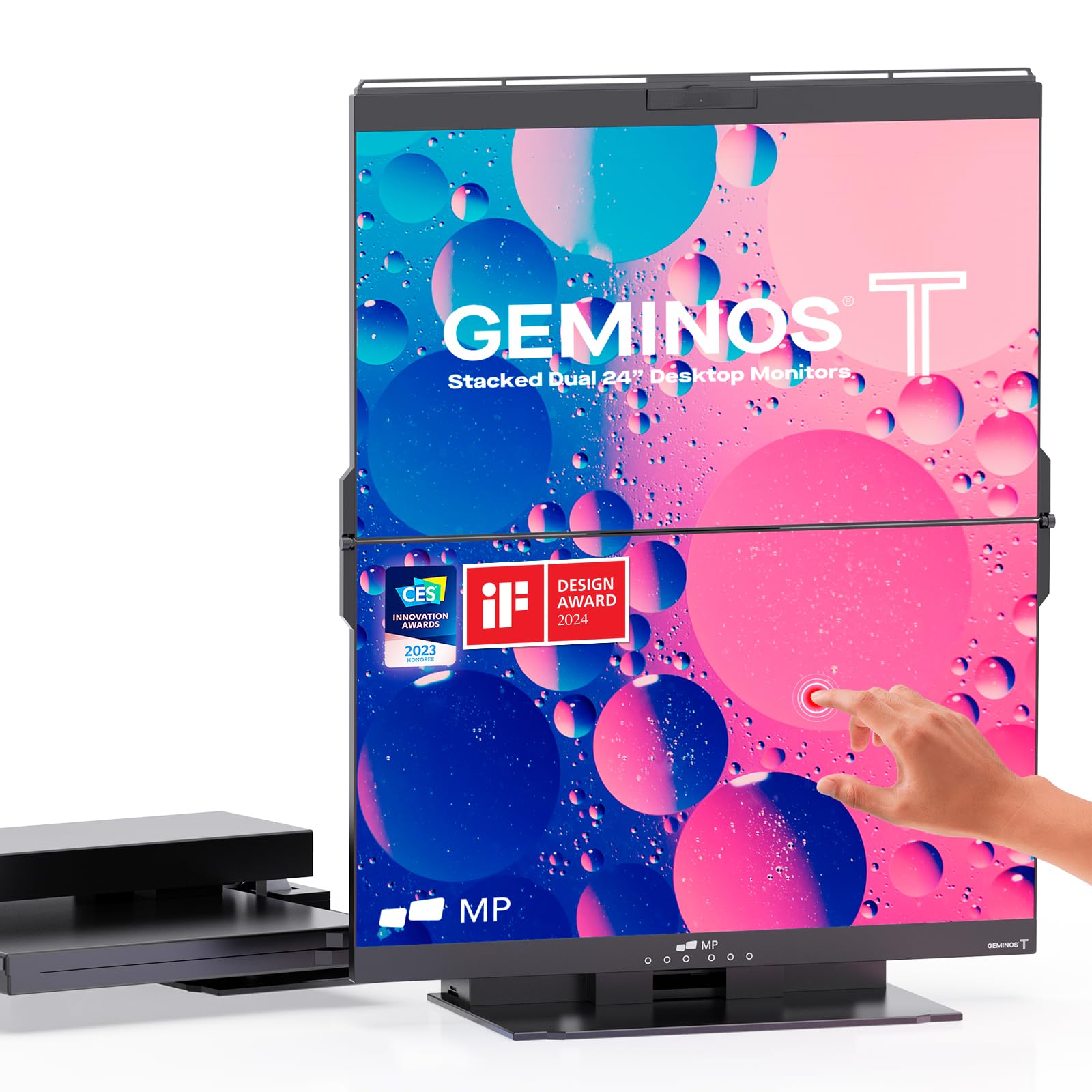 Mobile Pixels 2026 Geminos-T Dual 24 Stacked Computer Monitors with 1080P Webcam and Speakers, Vertical Desktop Monitor, Plug an