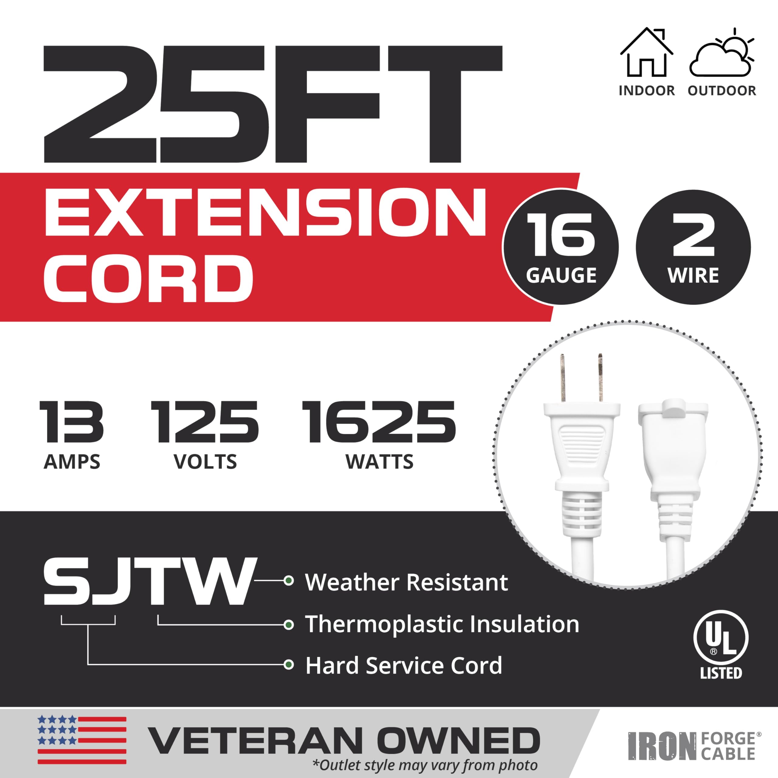 Iron Forge Cable 2 Prong Outdoor Extension Cord 25 Ft   16 Gauge 13 Amp Heavy Duty Power Extension Cords   Sjtw   Great For Outd