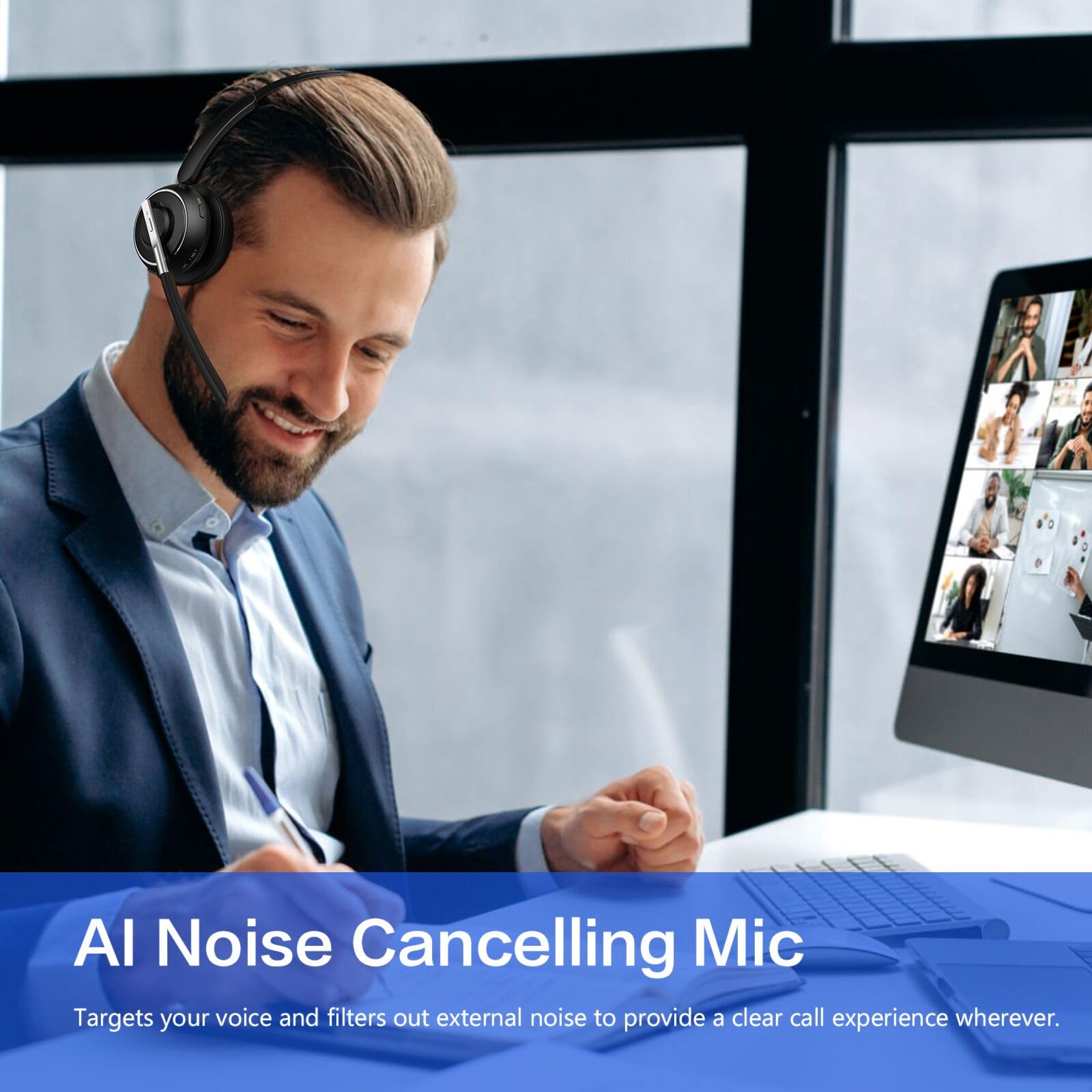 Bluetooth Headset, Wireless Headset With Microphone For Pc, V5.2 Computer Headset With Noise Cancelling Mic, Usb Dongle, Chargin