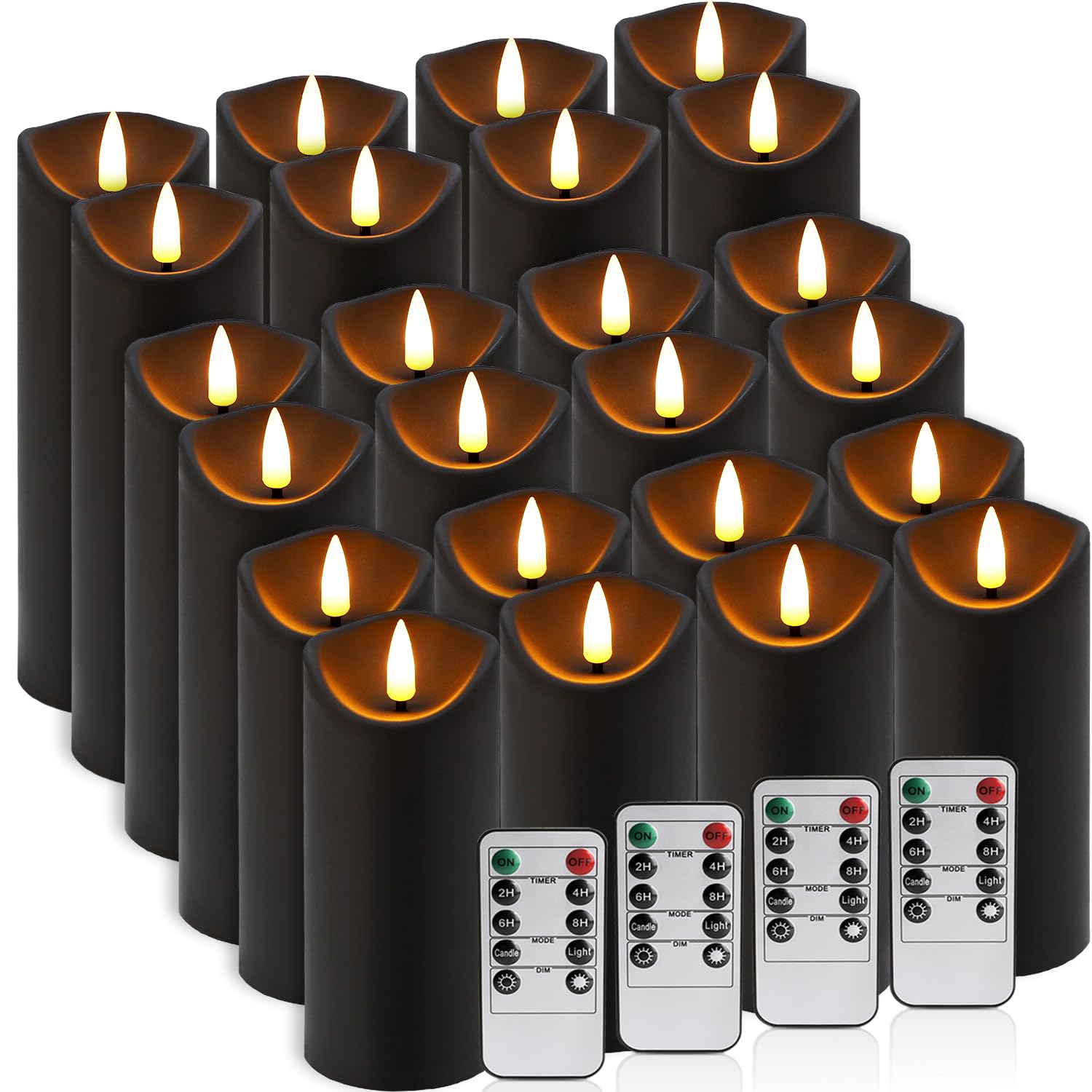 Aamdkcyu 24-Pack Black Flameless LED Candles with Remote & Timer (3 Sizes) - Battery Operated Halloween Pillar Candles for Spook