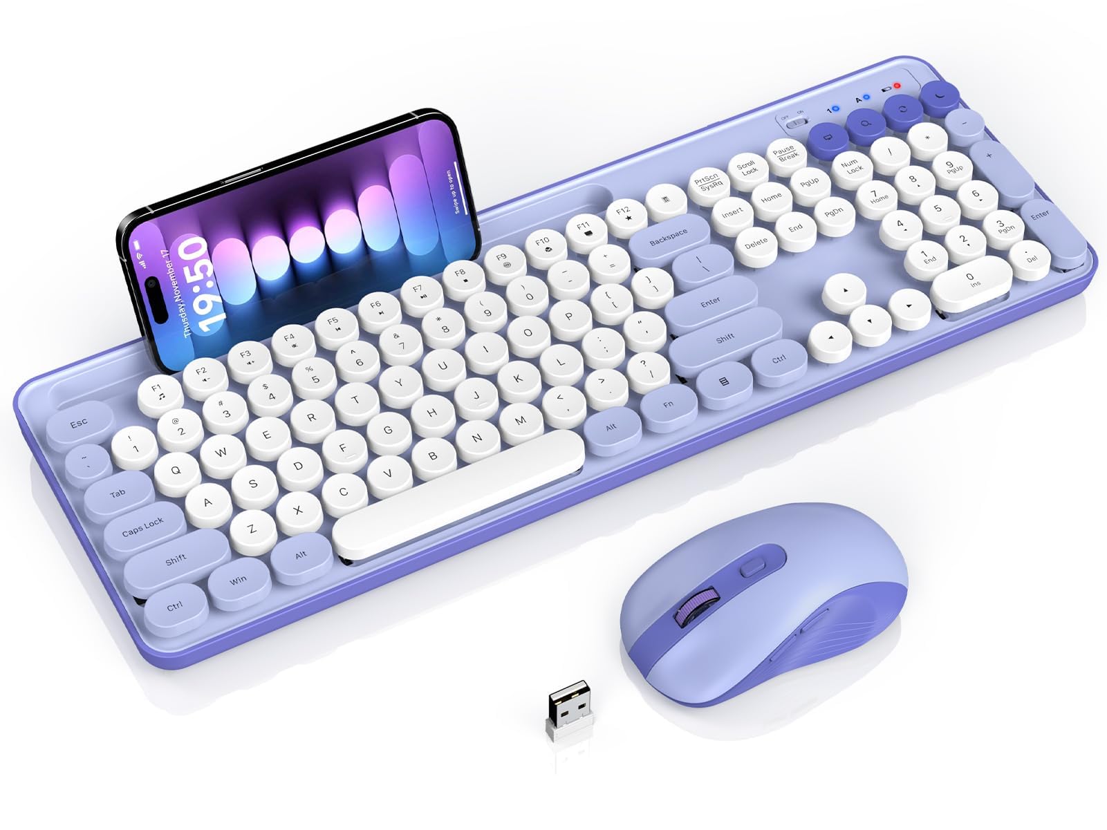 Wireless Keyboard And Mouse Combo, Retro Round Keycap Typewriter Keyboard With Phone/Tablet Holder, Cute Colorful Keyboard For C