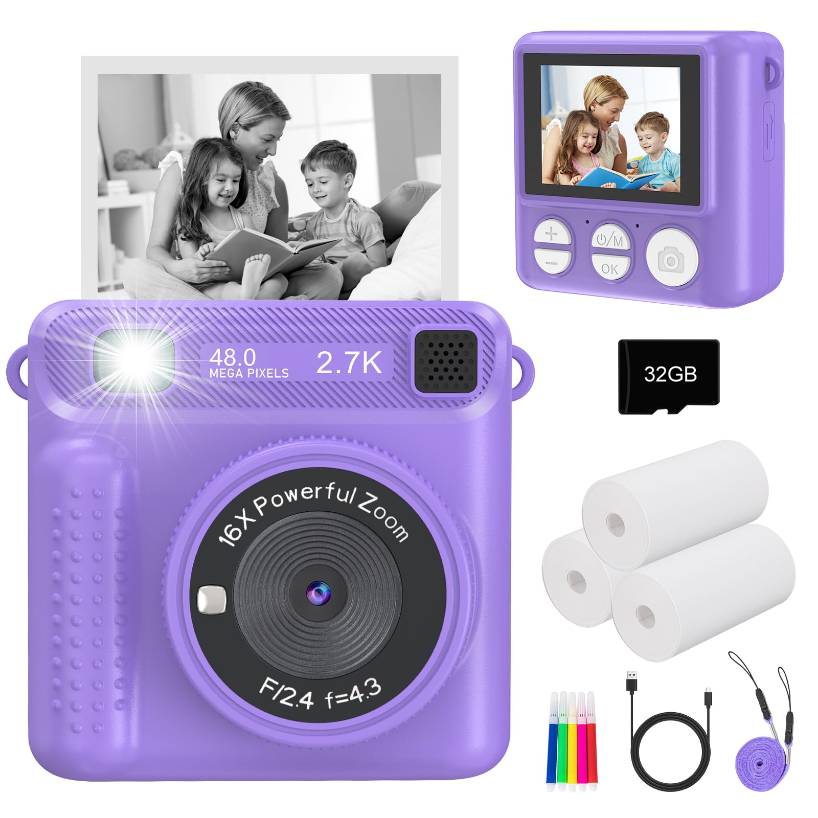Jpverly Kids Camera Instant Print   Hd Digital Video, 32Gb Sd Card, Portable Toy For Girls & Boys Age 3 12, Christmas Birthday G