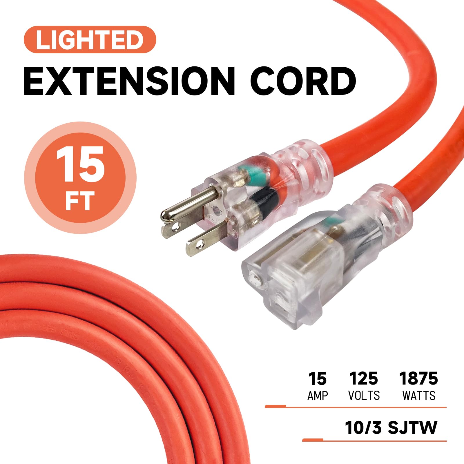 Ep 15 Ft Lighted Outdoor Extension Cord   10/3 Sjtw Heavy Duty Orange Extension Cable With 3 Prong Grounded Plug For Safety, Ul