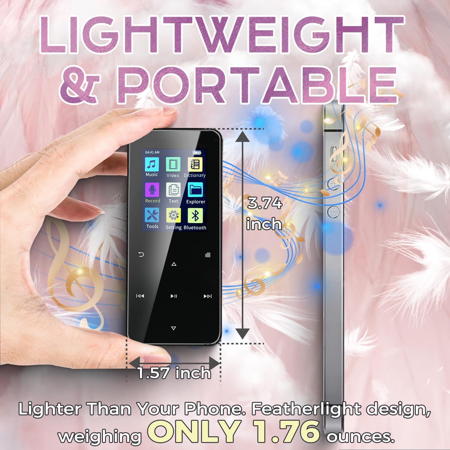 80Gb Mp3 Player With Bluetooth Portable Hifi Music Player With Hd Speaker, Lossless Sound, Fm Radio, Voice Recorder, Touch Butto