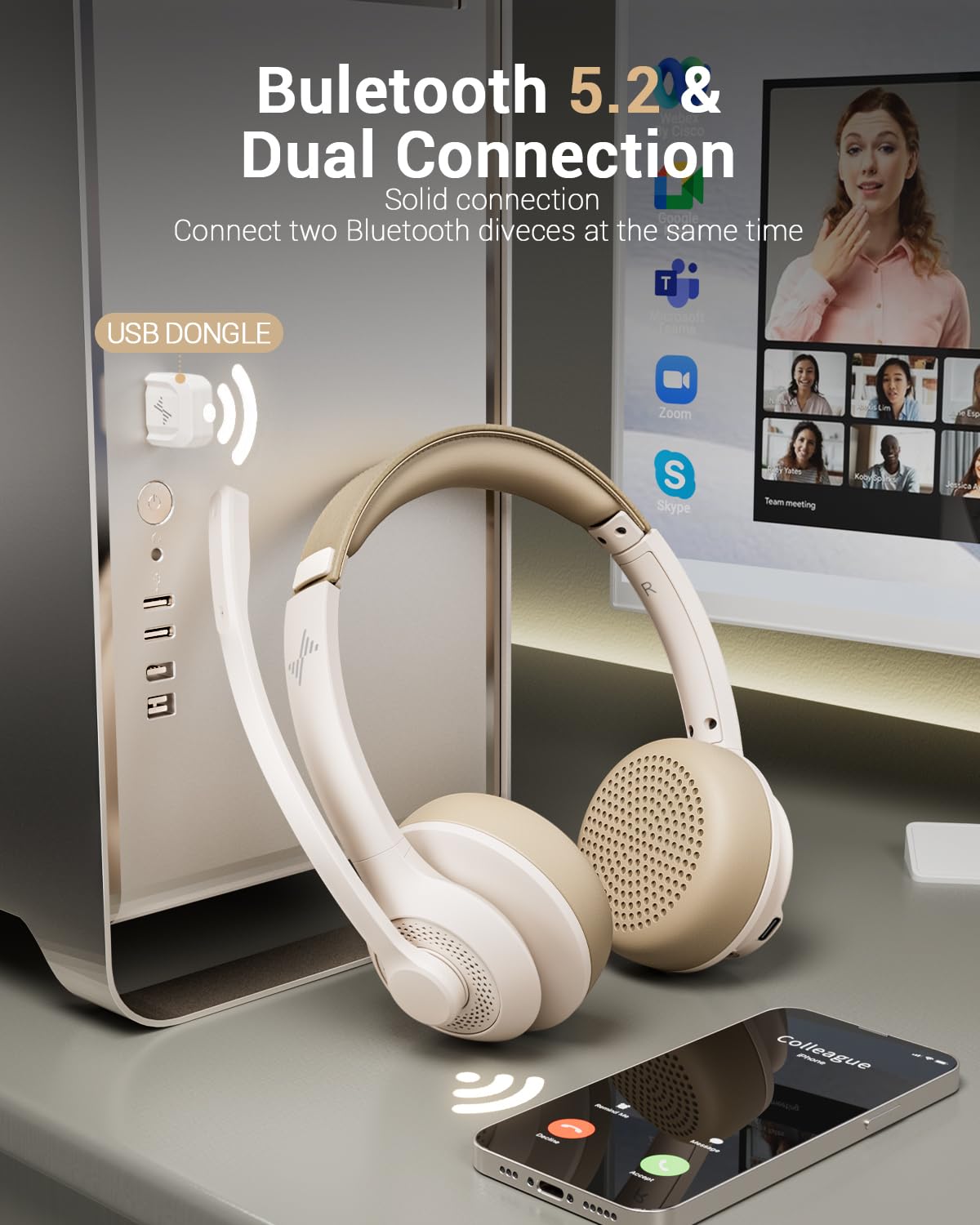 Jiamqishi Wireless Headset With Ai Noise Cancelling Microphone Bluetooth Headset   Bluetooth V5.2 Headphones With Mic Mute For C