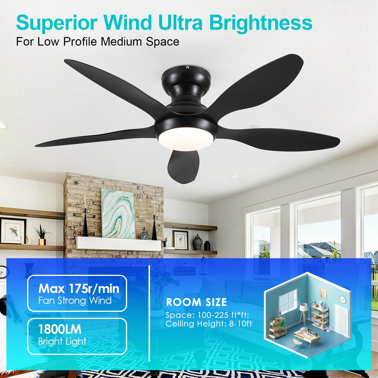 Ceiling Fans With Lights, 46 Inch Modern Black Low Profile Ceiling Fan With Light And Remote App Control, Flush Mount, Quiet Dc
