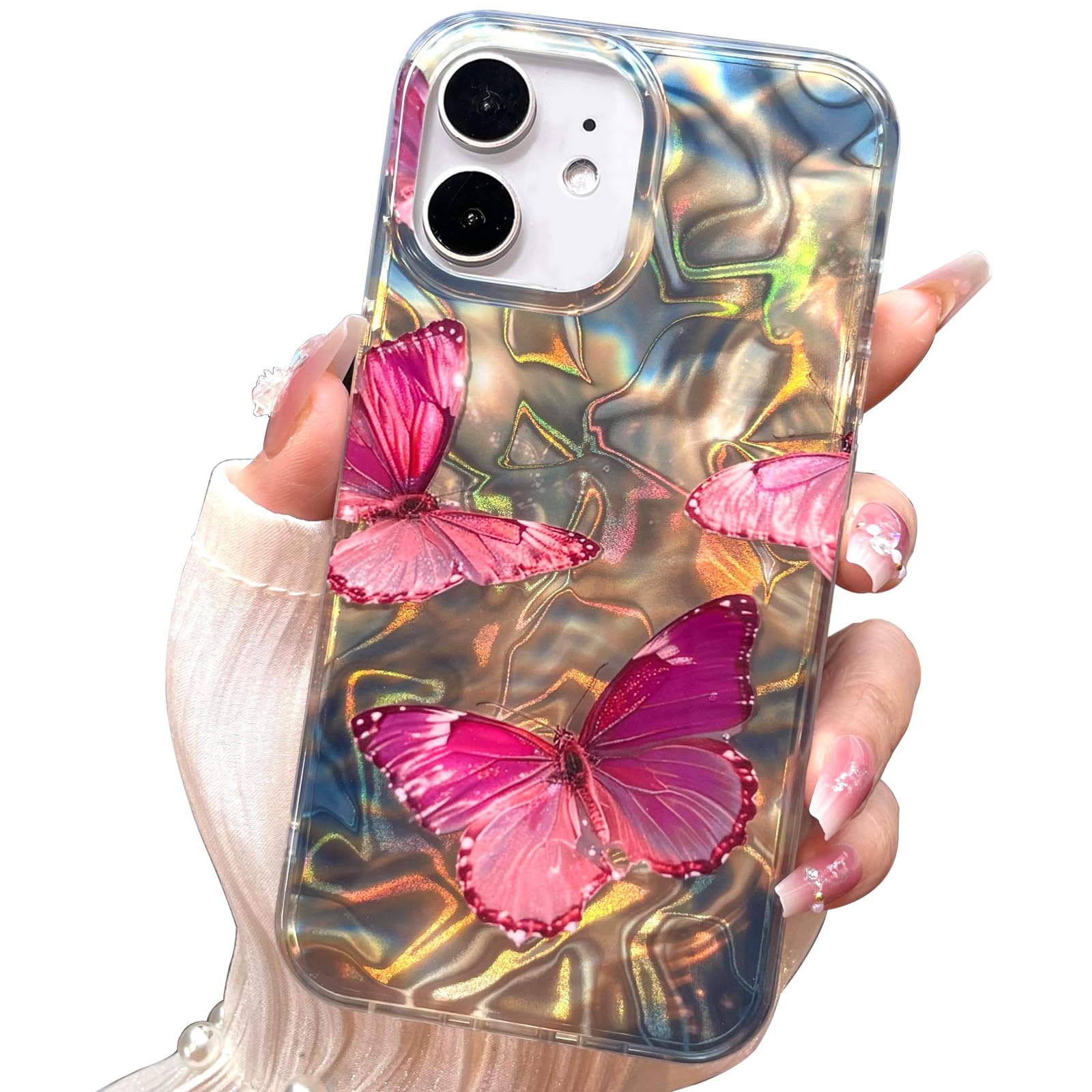 I Mgae In Ar Phone Hard Case Compatible With Iphone 12 Case & Iphone 12 Pro Case Slim Holographic Shiny Pink Butterfly Women Gir