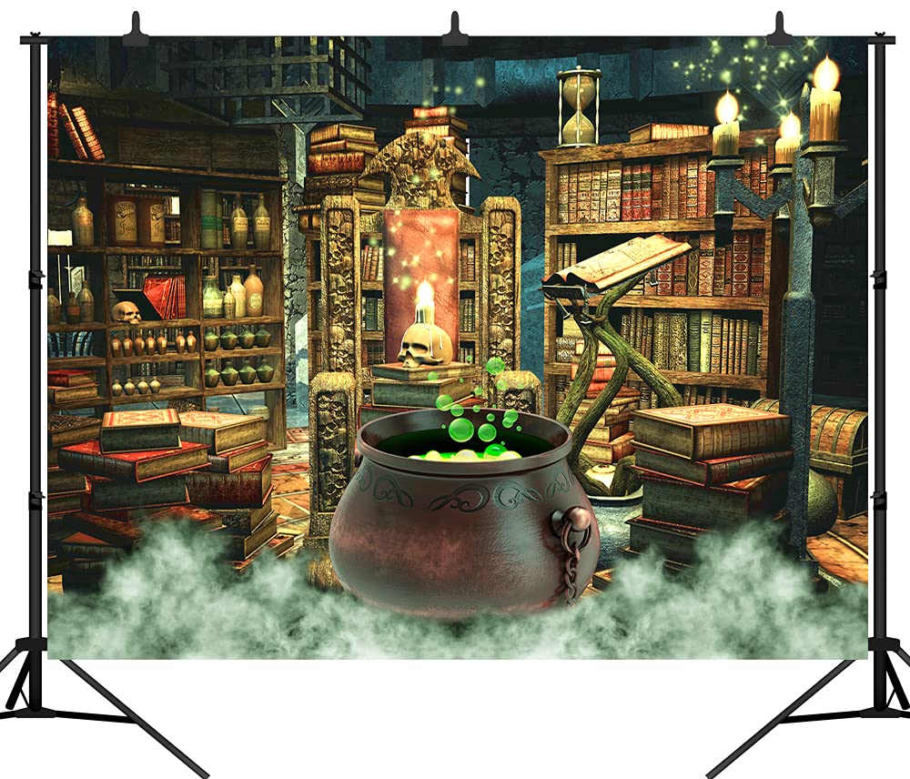 Dephoto Halloween Photography Backdrop Witch Magic Cauldron Bookshelf In Spooky Room Party Decoration Portrait Background Vinyl Photo Studio Booth Props Pgt646A 7X5Ft