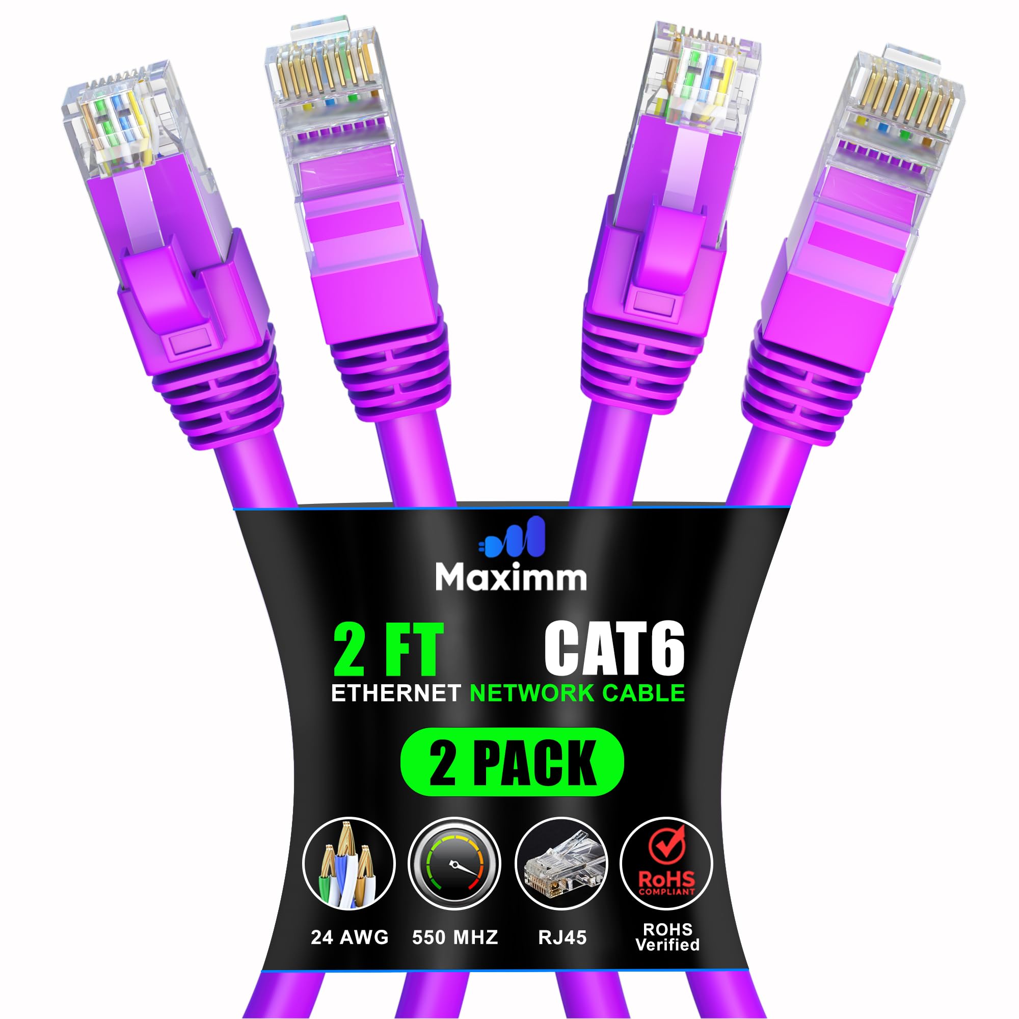 Maximm Cat 6 Ethernet Cable 2 Ft (2 Pack)   High Speed Lan Cable, Internet Cable, Patch Cable, And Network Cable   Utp, 10Gbps, 550Mhz Ethernet Cord   Purple
