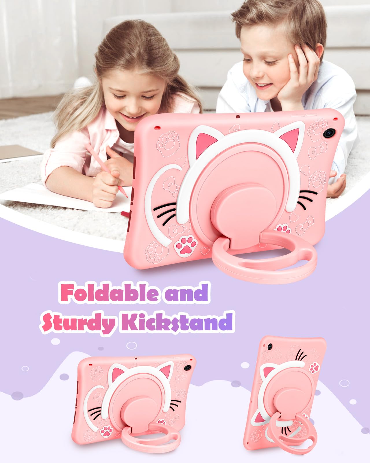 Wazzasoft For Samsung Galaxy Tab A9 Plus Case 11    Girls Cute Cat Kawaii Cover Girly 3D Cartoon Women Kitten With Rotating Hand