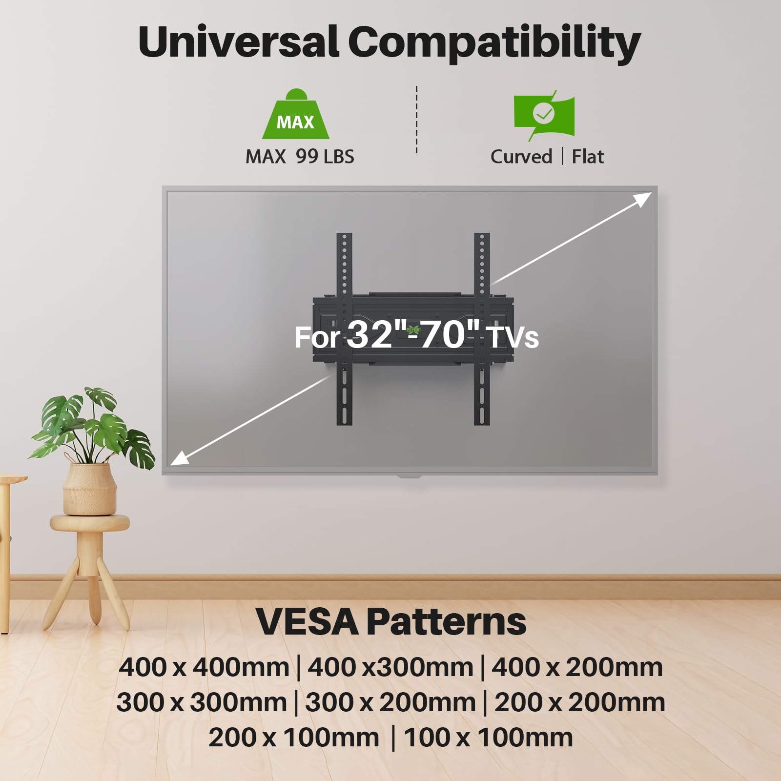 USX MOUNT Full Motion TV Wall Mount for 32-70 inch TVs up to 99 lbs, Swivel & Tilt, Max VESA 400x400mm, Black, Model XMM