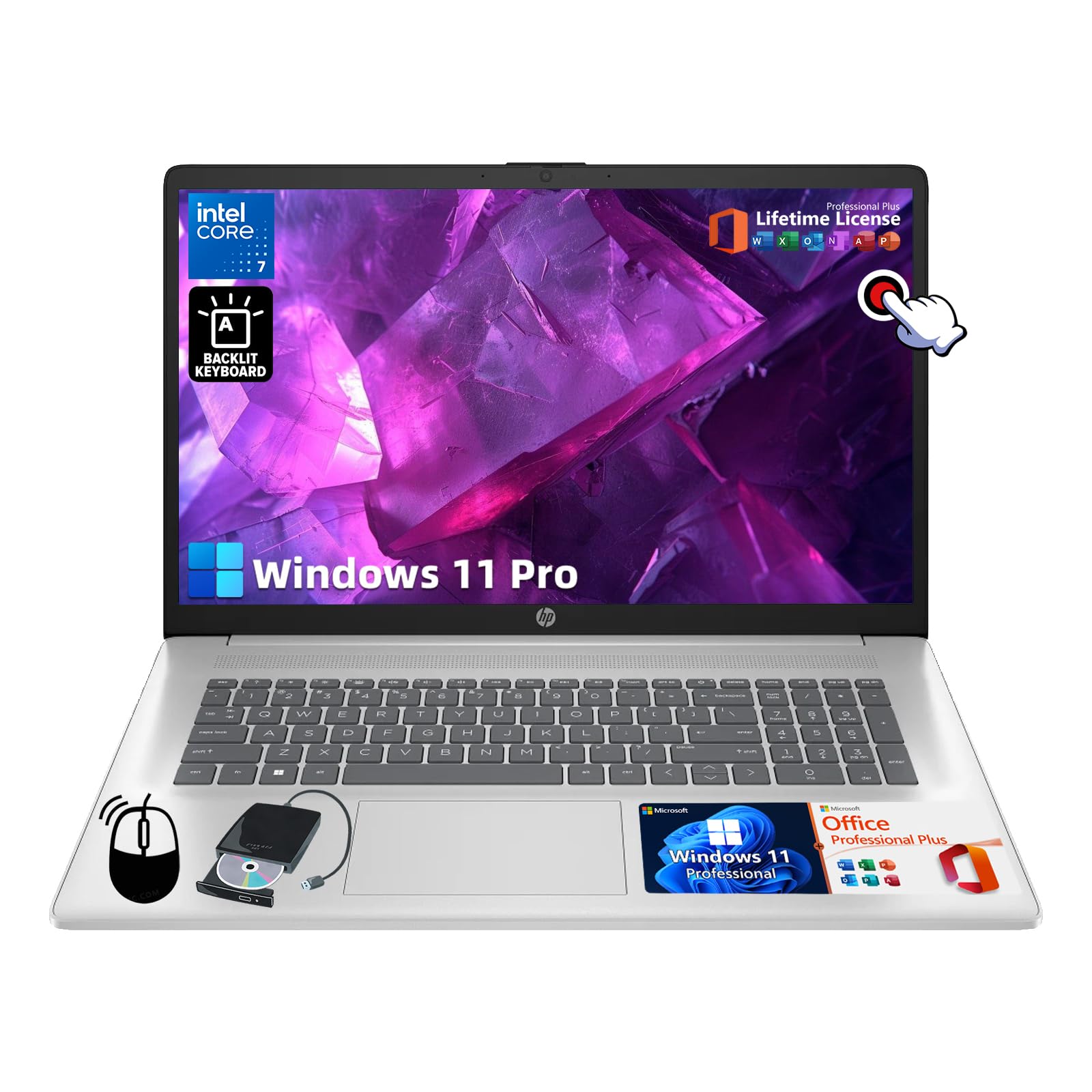 HP 17 Laptop Touchscreen Business Computer - Core 7 150U, Office Lifetime, 17.3 HD+ Display, Backlit Keyboard, Copilot, Long Bat