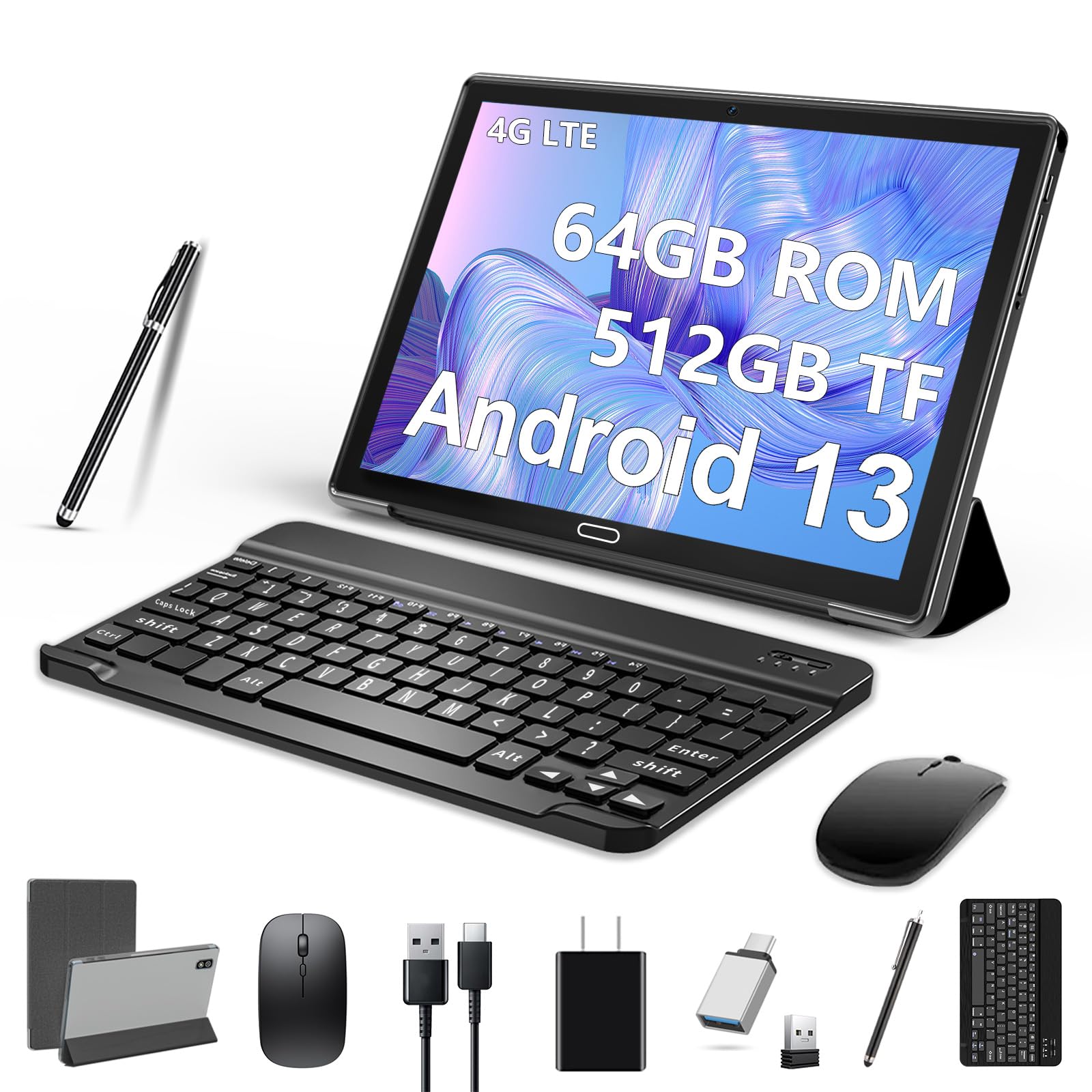 2024 Newest 10 Inch Tablet,3 In 1 Tablet With Keyboard Mouse Pen, Android 13 Tablet 4G Cellular With 2 Sim 1 Sd 64Gb Rom Tf Max