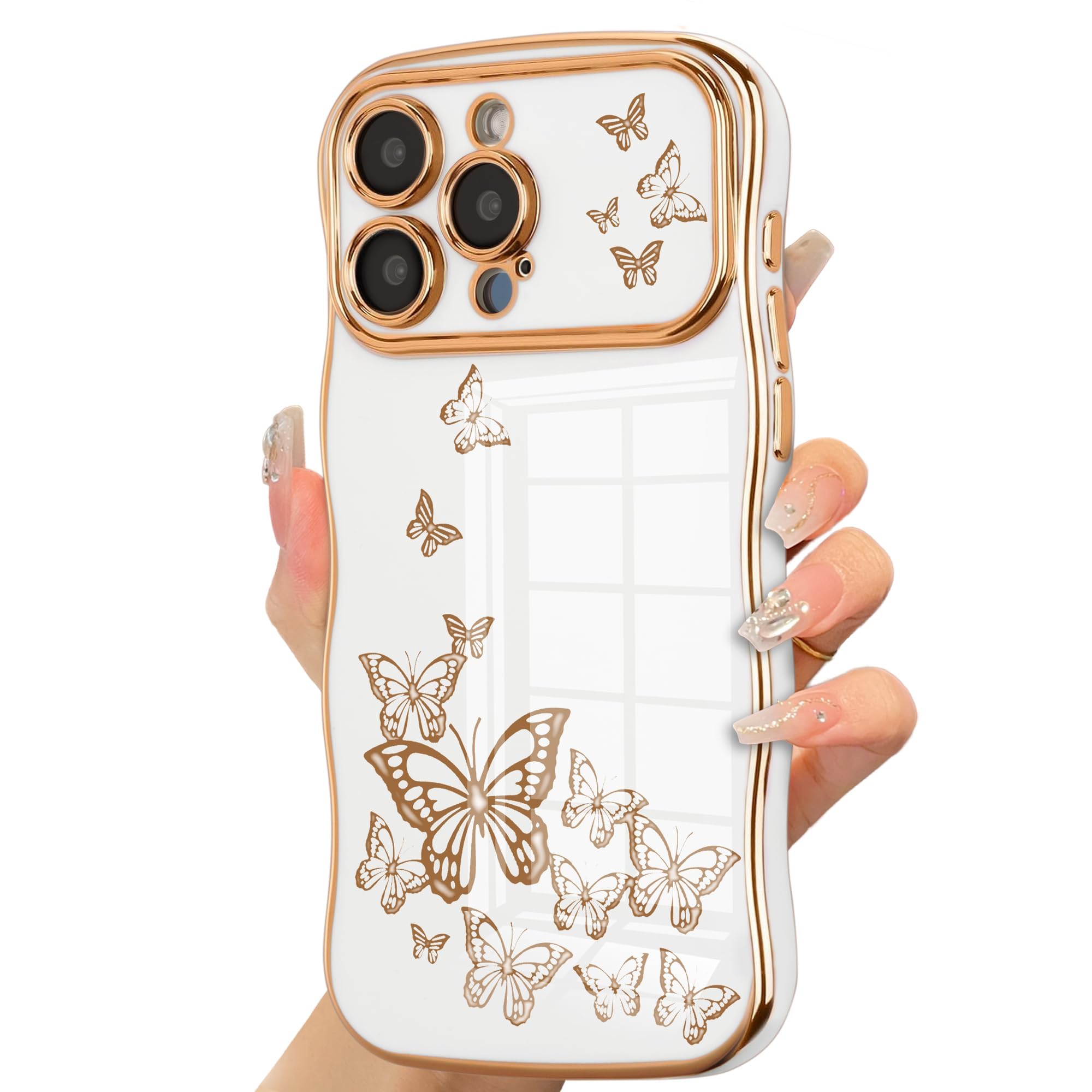 Ztofera For Iphone 13 Pro Max Case For Girl Women, Cute Curly Wave Frame With Luxury Plating Butterfly Pattern, Soft Tpu Shockpr