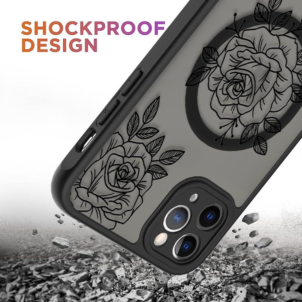 Ook Magnetic For Iphone 11 Pro Max Case Black Flower Floral Pattern [Compatible With Magsafe] Slim Translucent Matte Camera Lens