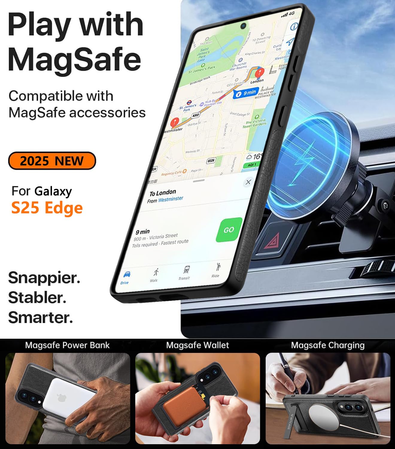 Wtcase Strong Magnetic For Samsung Galaxy S25 Edge Case Leather With Stand,[Compatible With Magsafe], Slim Adjustable Kickstand