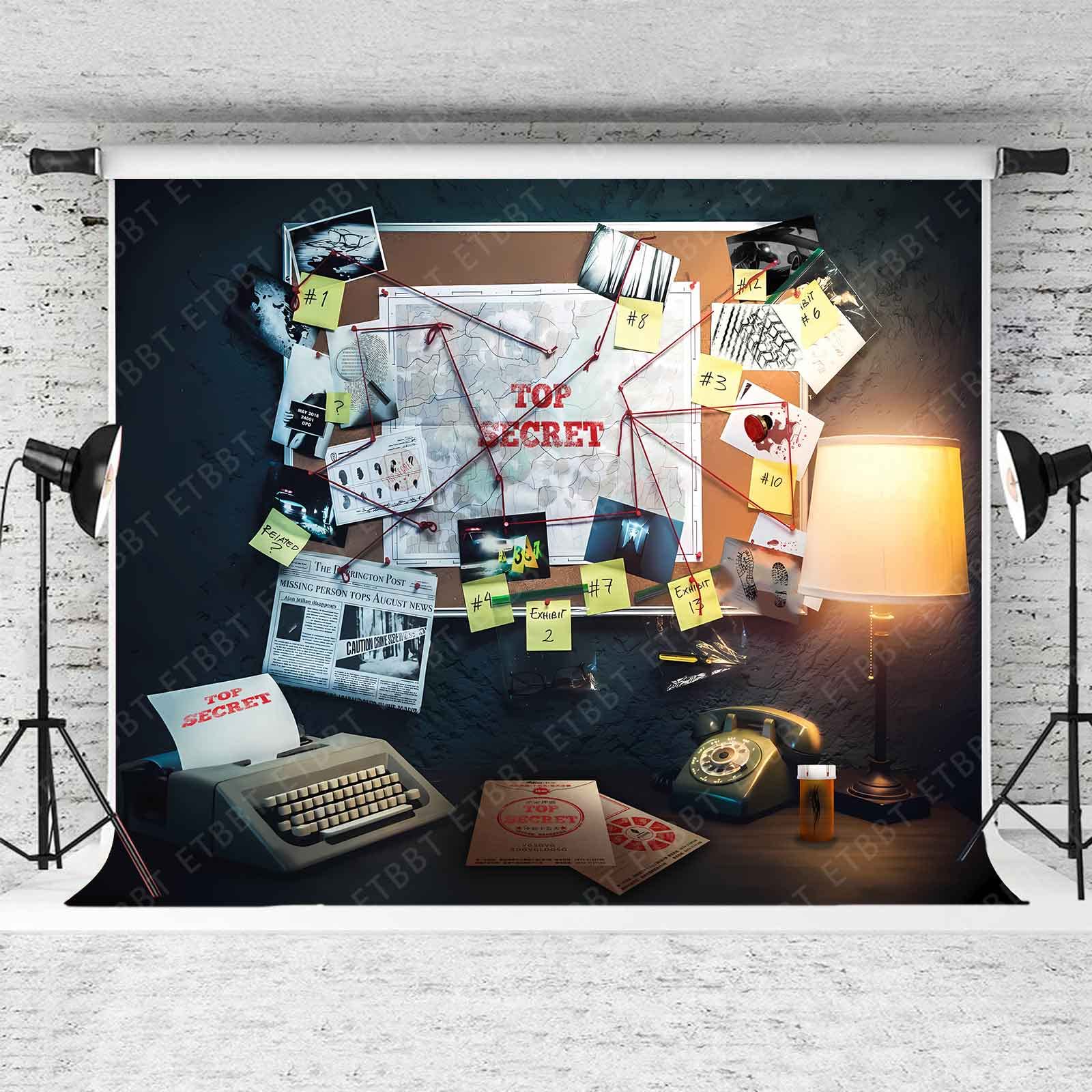 Emdspr Detective Backdrop, 7X5Ft Agent Spy Theme Top Secret Police Office Investigation Photography Background Crime Clue Eviden