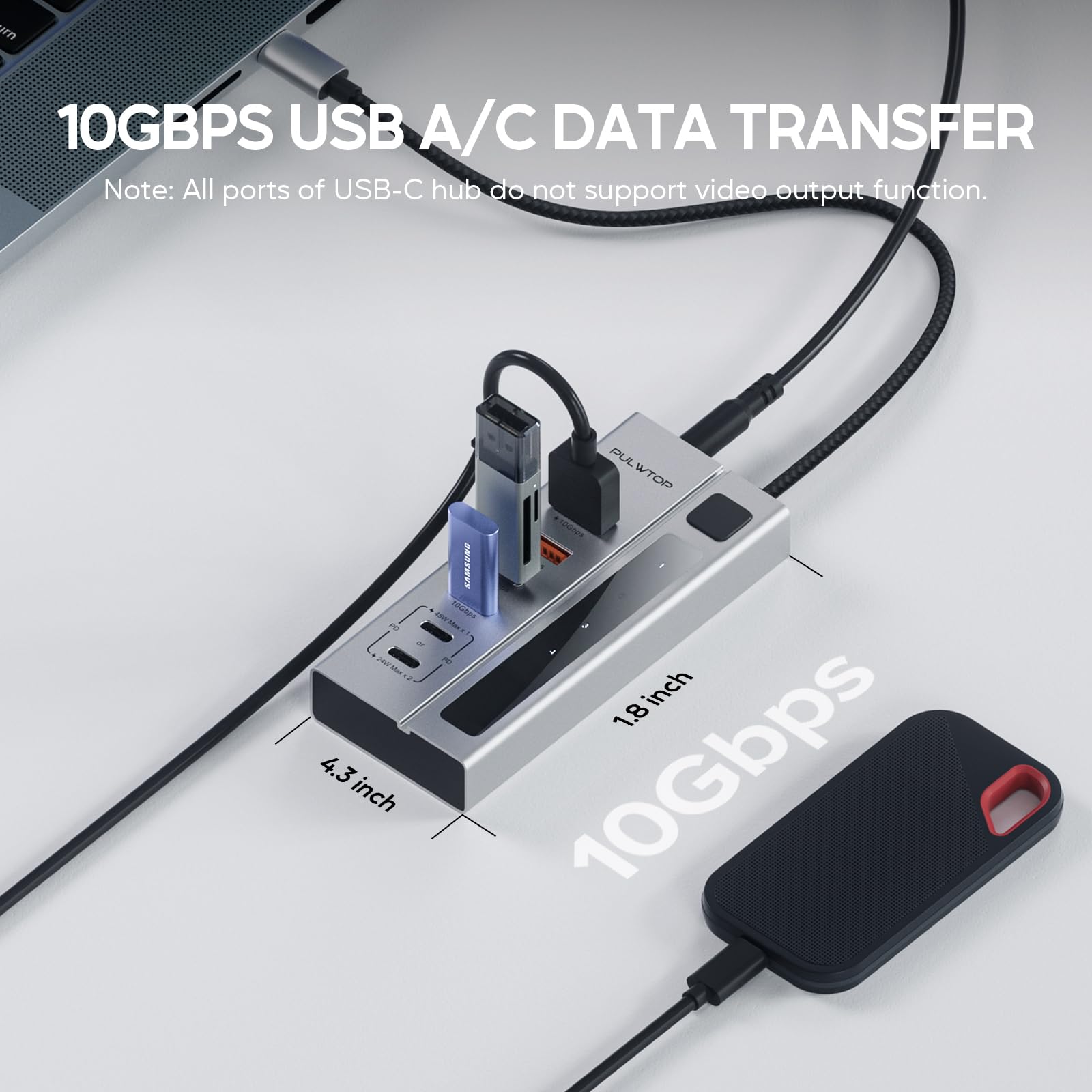 Powered Usb C Hub, Pulwtop Usb Hub Powered Support 10Gbps Data & Pd 45W Charging Not Support Video, 2Usb C 10Gbps Ports, 2Usb 3.