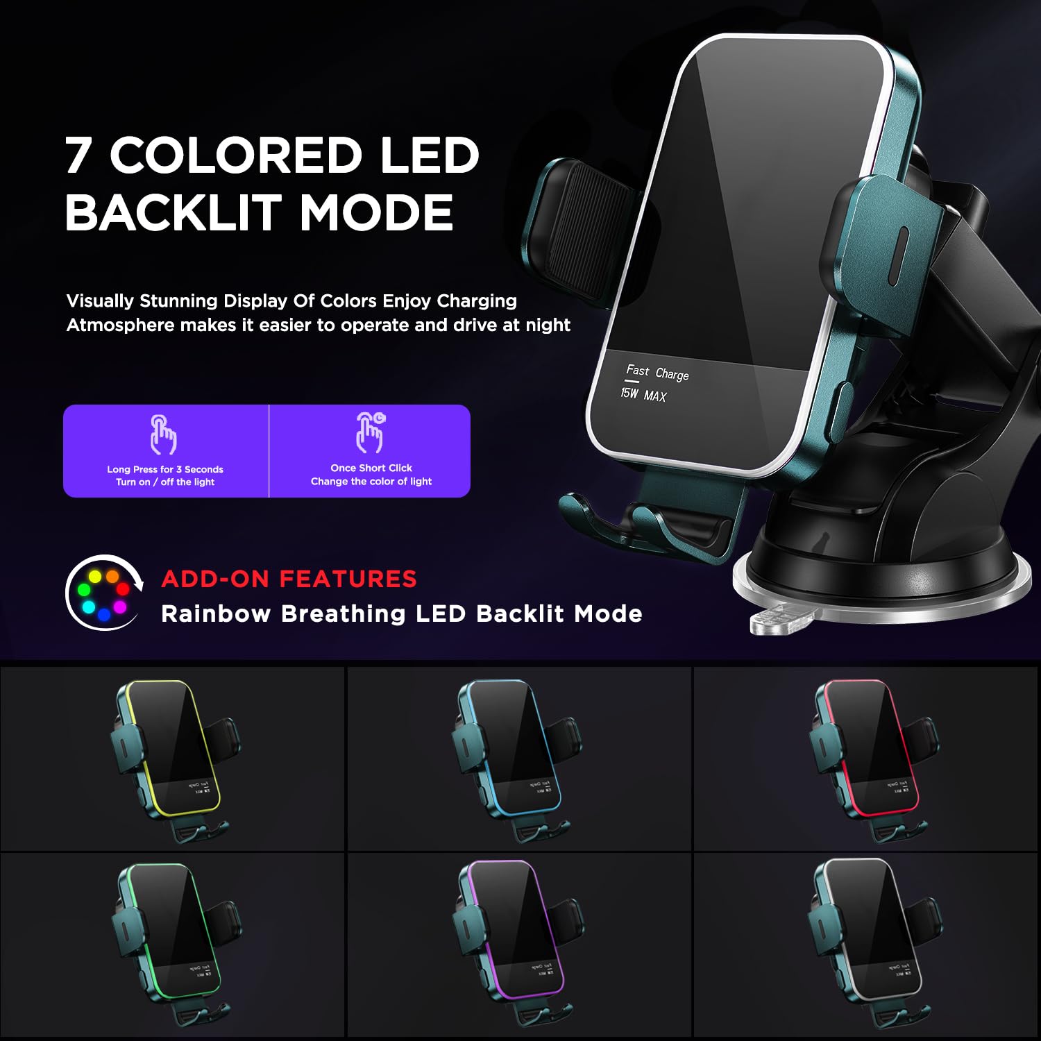 Wireless Car Charger,?7 Colored Led Backlit? 15W Auto Clamping Phone Mount Holder Fit For Iphone 15 14 13 12 Mini Pro Max 11 Xr