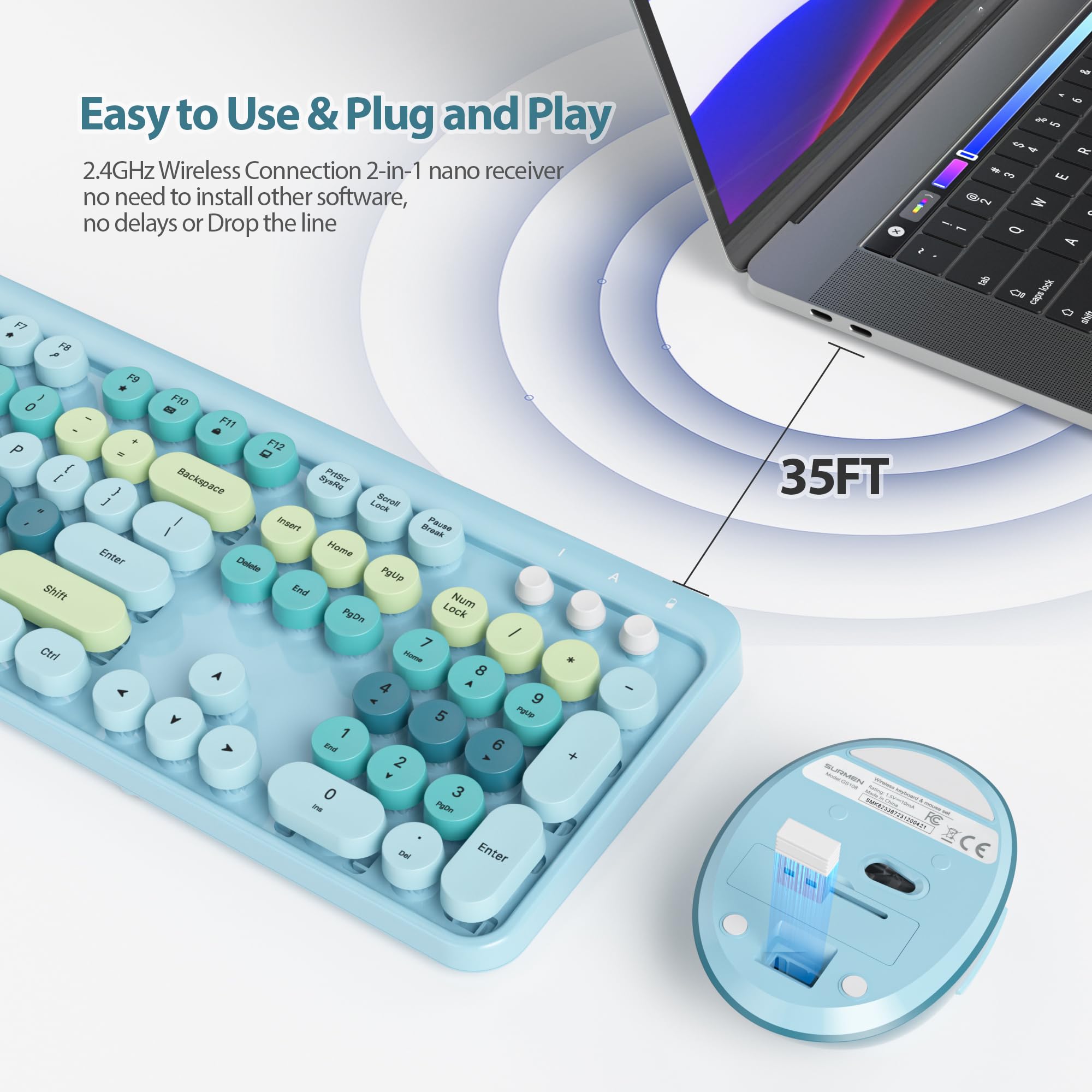 Fogruaden Blue Keyboard And Mouse Wireless, Retro Typewriter Keyboard, 2.4Ghz 104 Keys Full Size Cute Keyboard With Number Pad,