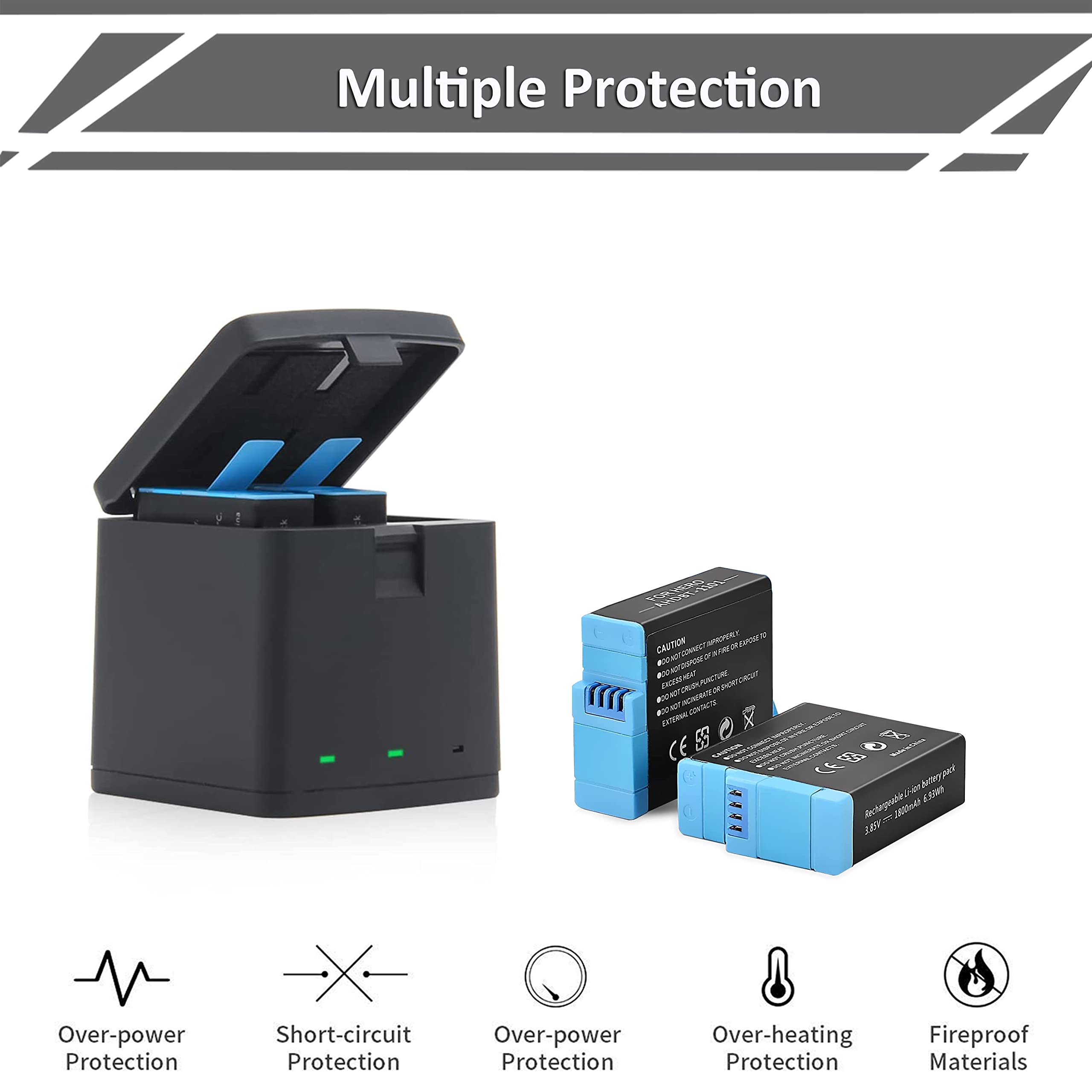 2 Pack Batteries Fit For Goprohero 11 Black, Goprohero 10, Goprohero 9 Black, 3 Channel Battery Charger Station For Hero 11/ Her