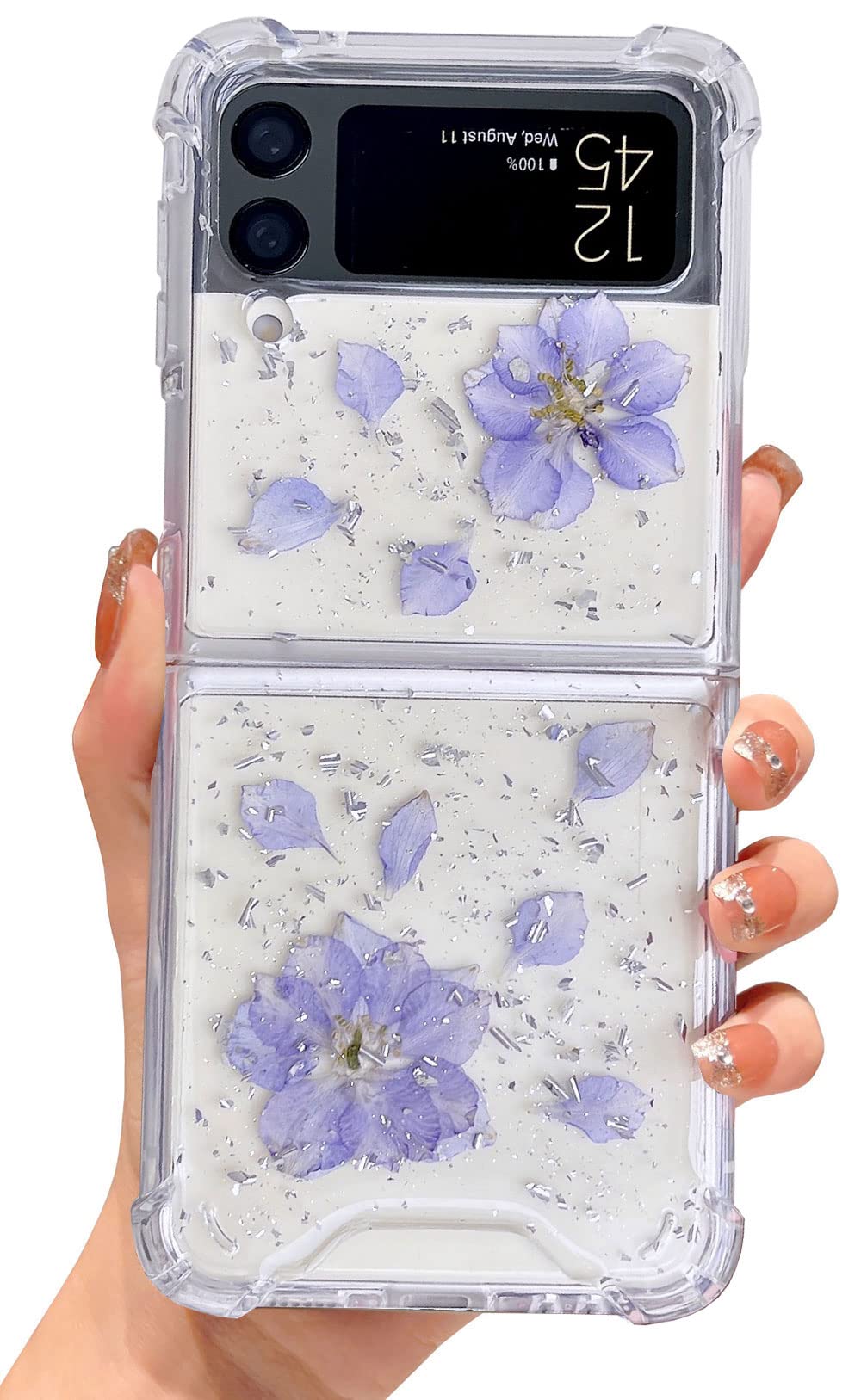 Abbery for Samsung Galaxy Z Flip 3 5G Case Clear with Design Glitter Dried Real Pressed Flower Cute Sparkle TPU & PC Sparkle Aes