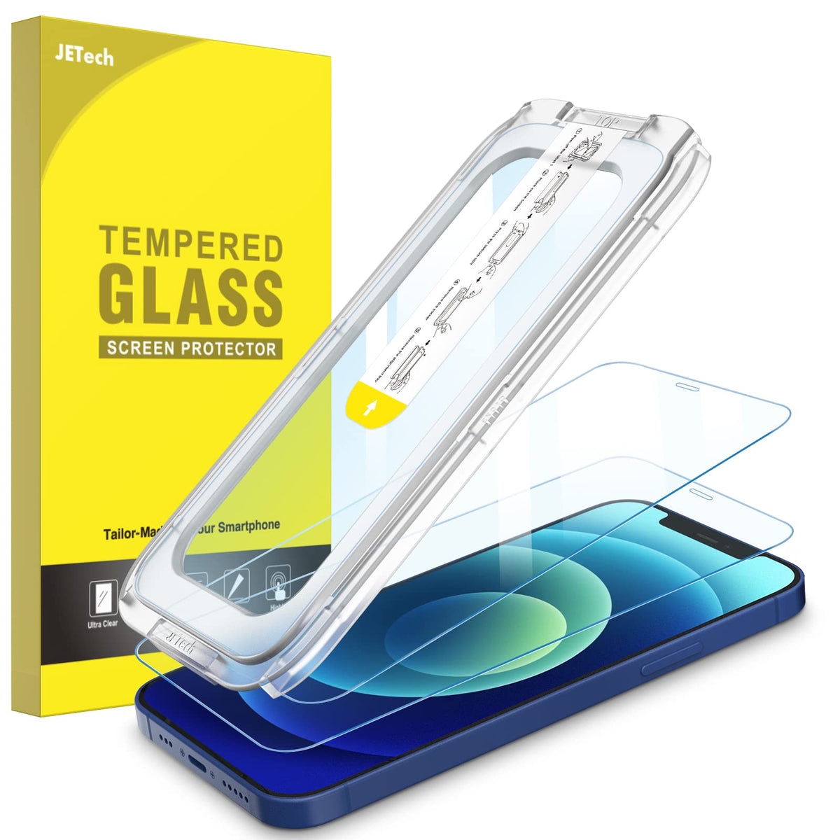 JETech One Touch Install Screen Protector for iPhone 12/12 Pro 6.1-Inch, Full Coverage Tempered Glass Film, Auto Alignment Tool Kit, HD Clear, 2-Pack