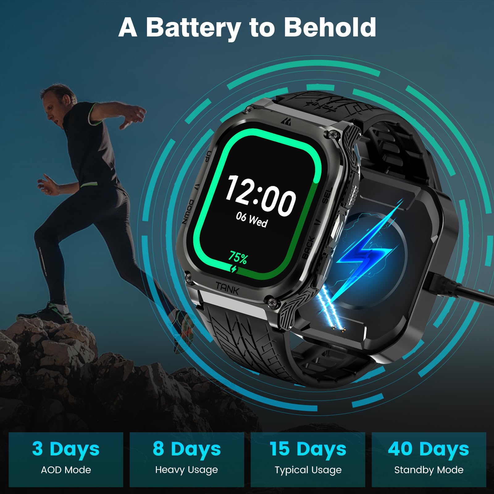 Amaztim Smart Watch, 60 Days Extra-Long Battery, 50M Waterproof, Rugged Military Bluetooth Call(Answer/Dial Calls), 2.0 '' Ultra