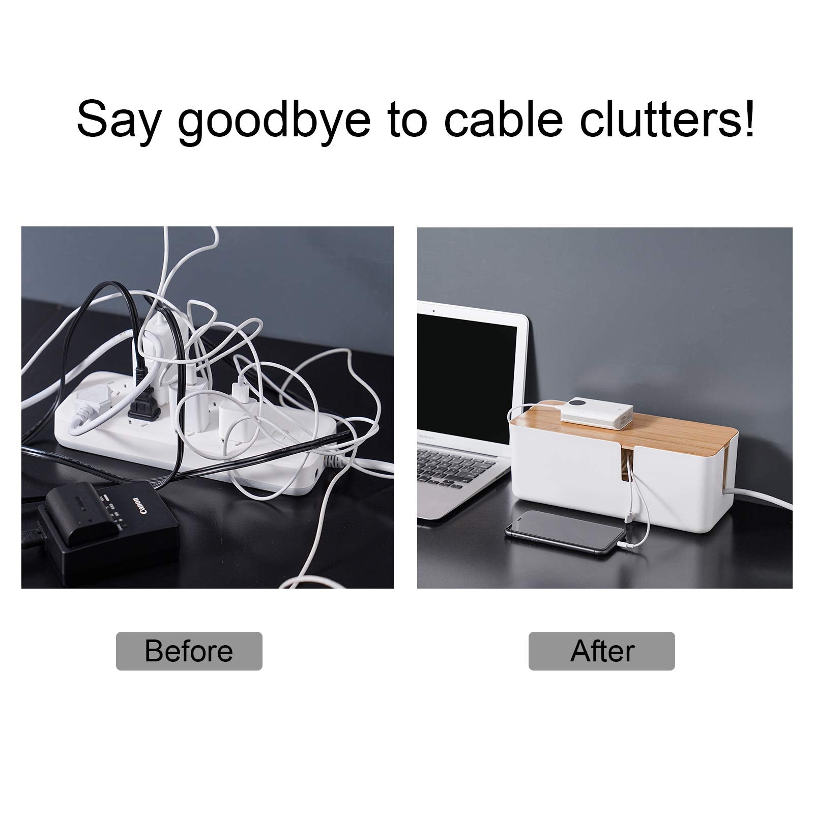 Changsuo Small Cable Management Box With Bamboo Lid For Extension Cord Power Stripe Surge Protector Wire Concealer Organizer Cover Hider (White)