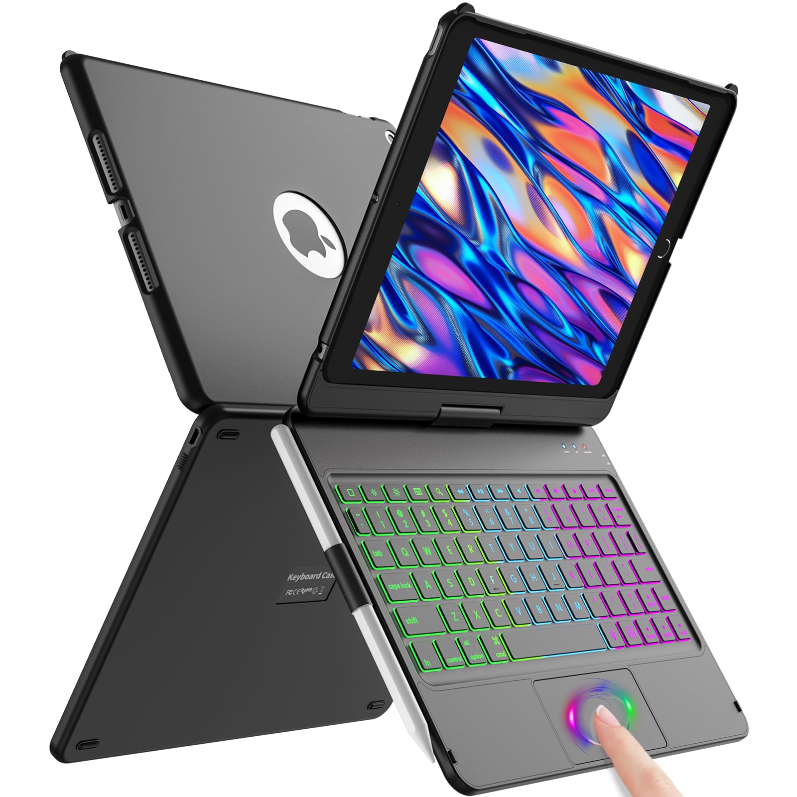 Amzcase For Ipad 9Th/8Th/7Th Generation Case With Keyboard And Pen Holder,Colorful Backlight,360Rotatable Slim Cover,10.2 Inch O