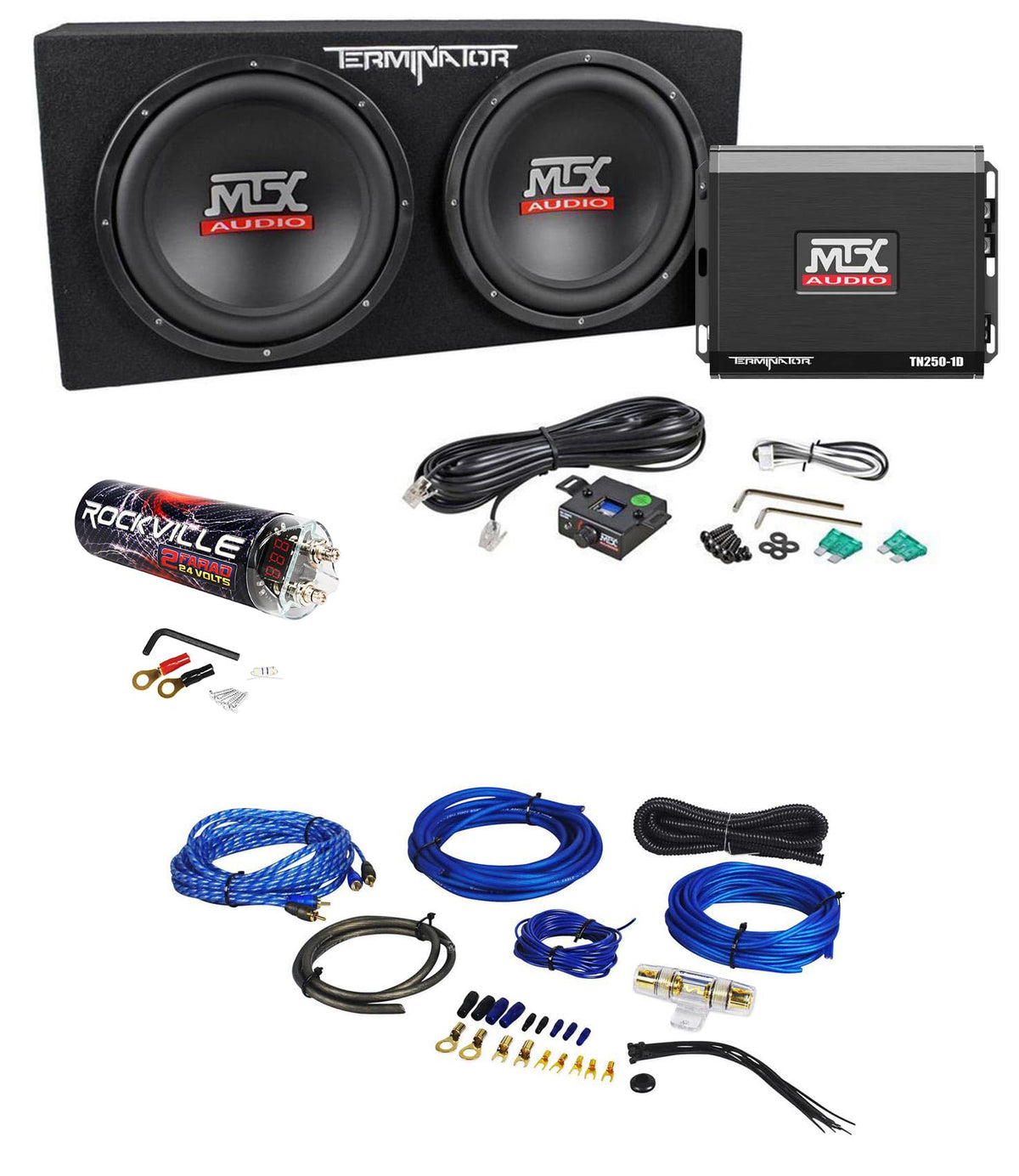 Mtx Terminator Tnp212D2 1200 Watt 2 Ohm Dual 12 Subwoofers/Sub Box/Amp Package Bundle With Rockville Rxc2D 2 Farad Stiffening Po
