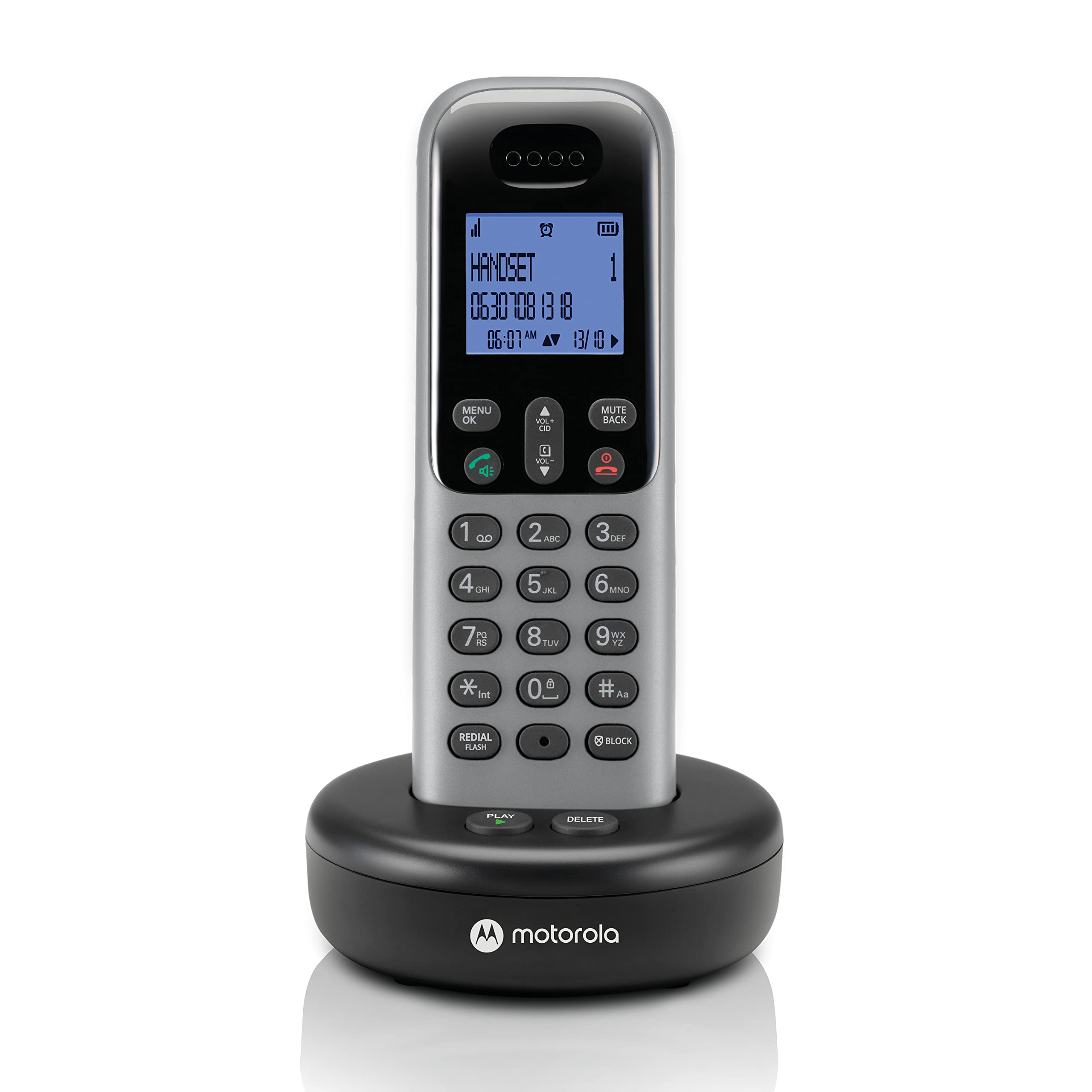 Motorola Voice Cordless Phone System W/Digital Handset + Answering Machine, Remote Access, Call Block   Dark Grey (T611)
