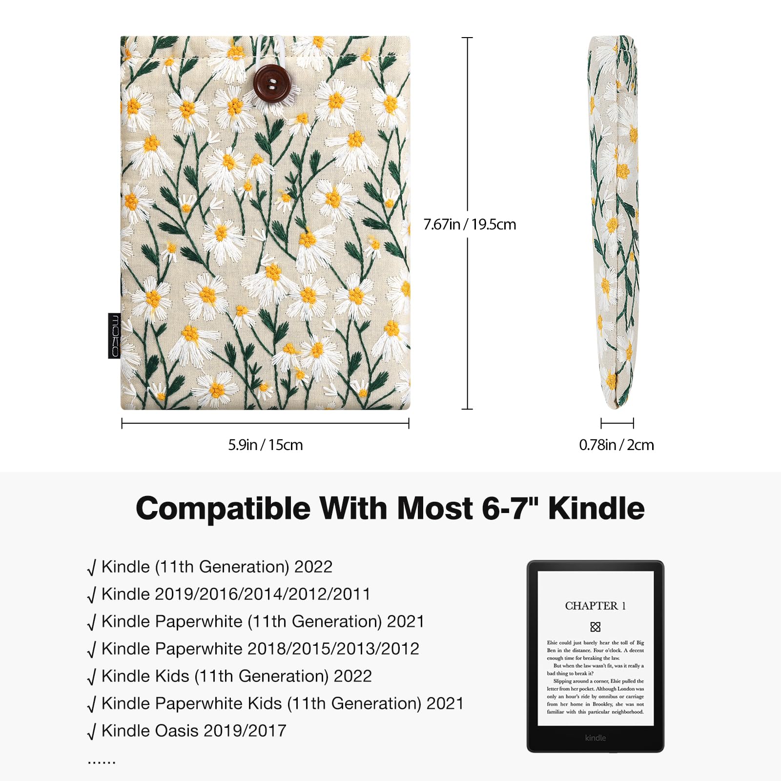 MoKo 6 7' Embroidered Daisy Padded Sleeve Pouch for Kindle 11/10/8th Gen, Kindle Paperwhite 11th/10th Gen, 7' Kindle Colorsoft Signature Edition 2024, Kindle Pouch for Voyage/Kobo eReader, Beige