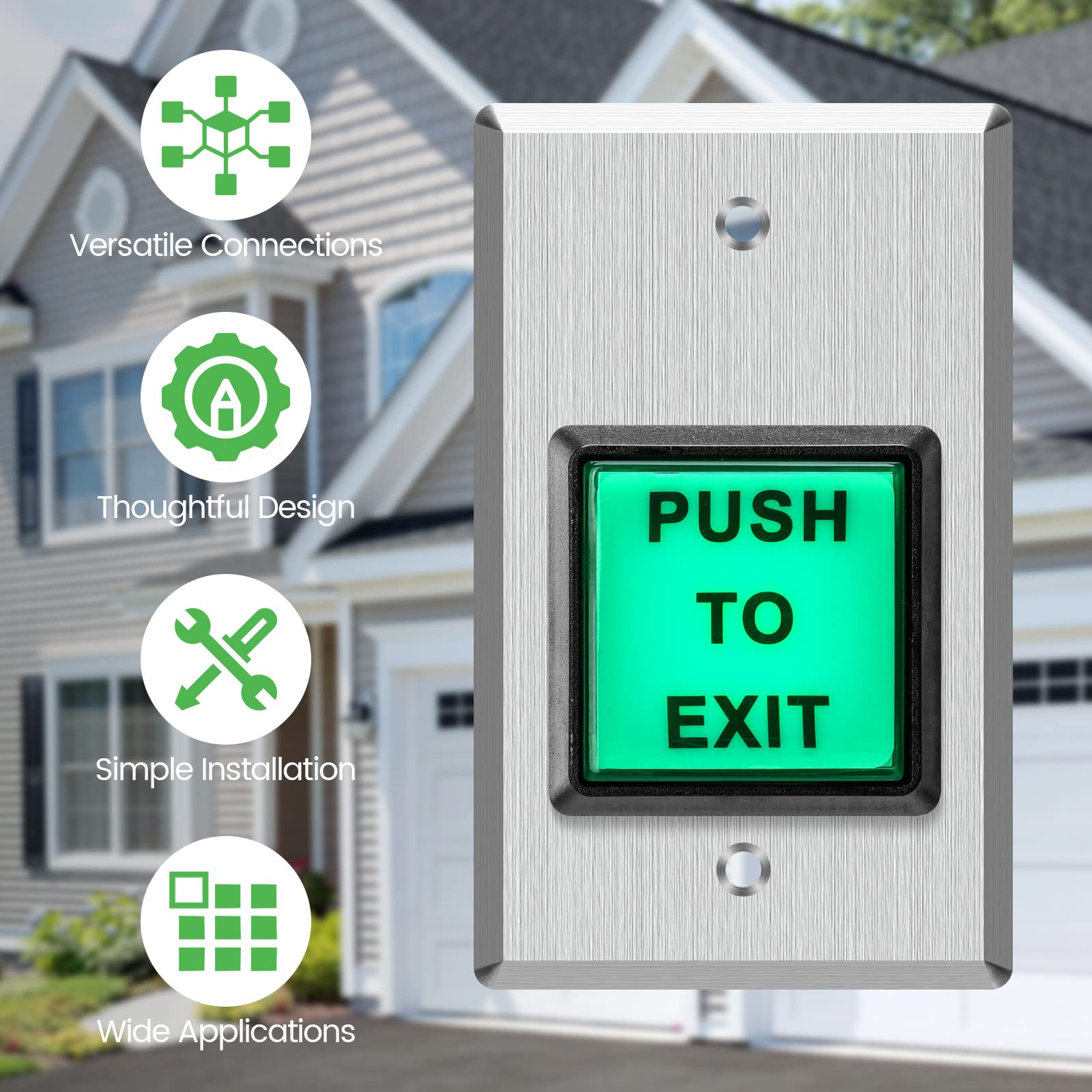 Push To Exit Button, Briidea Indoor Green Square Request To Exit Button With Green Led Square, Made Of Stainless Steel, Sturdy &