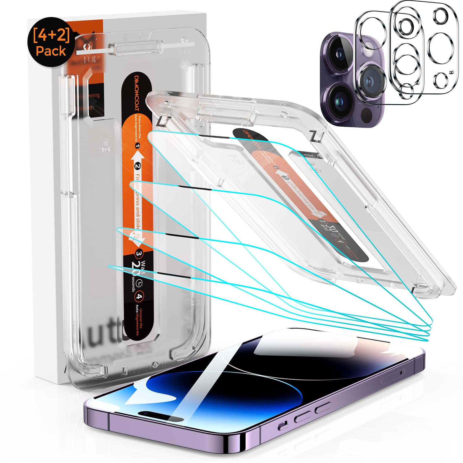 Dimoncoat 4+2 Packs Screen Protector For Iphone 14 Pro [Auto Alignment Kit] With Camera Lens Protector [10X Military Protection]