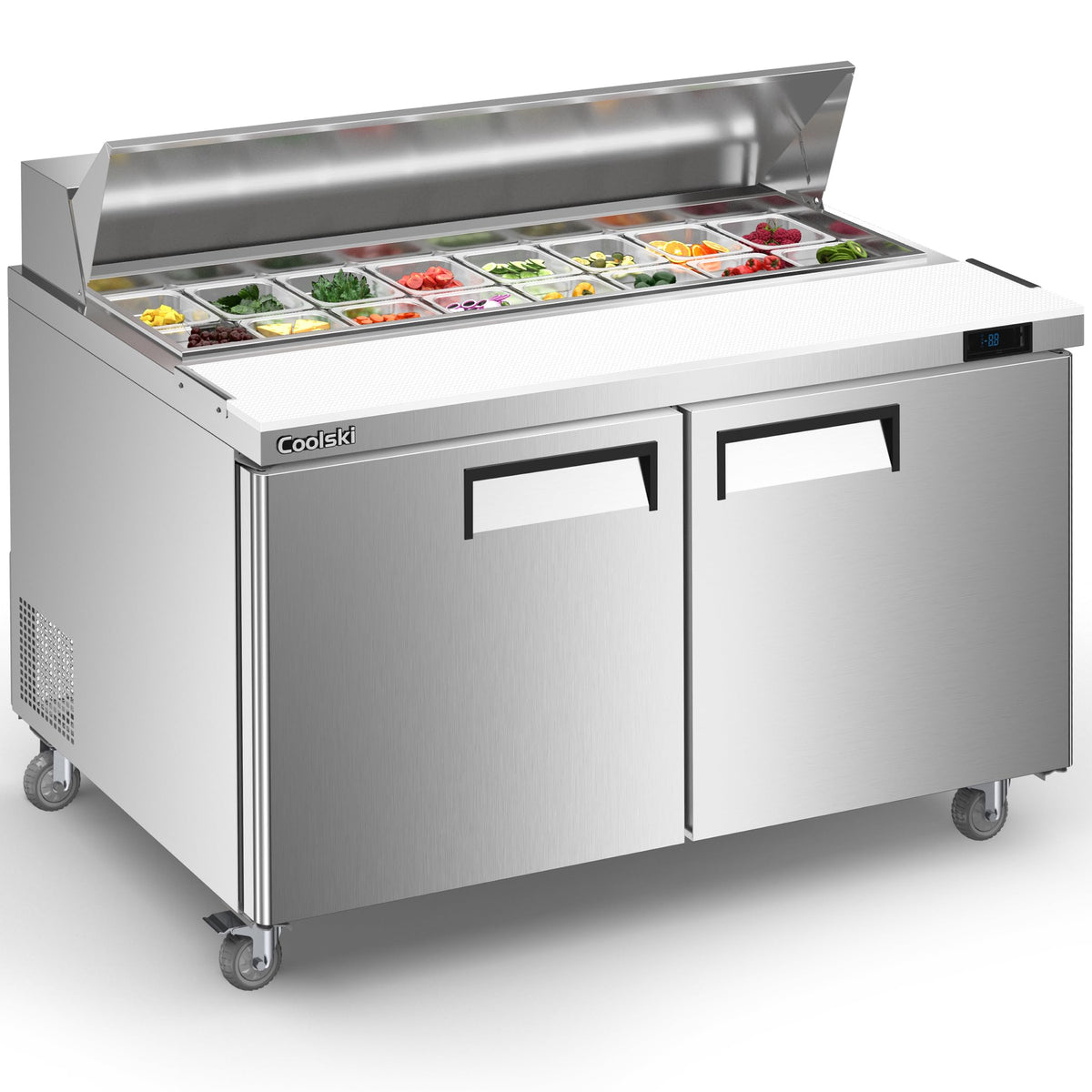 Coolski 60 W 2 Door Commercial Refrigerator, Refrigerated Sandwich Salad Prep Table With 16 Pans/Mega Top/Cutting Board, 18 Cu.F