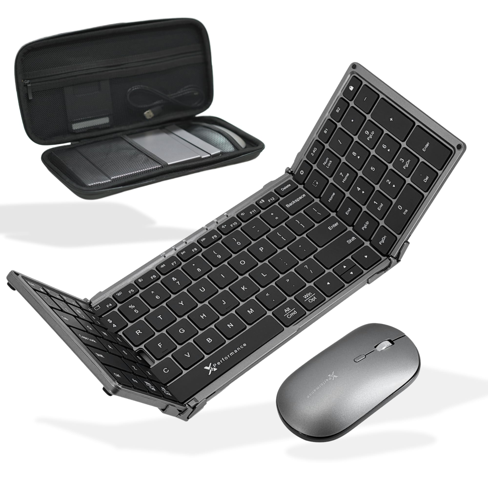 X9 Performance Foldable Keyboard and Mouse Wireless  (BT + 2.4Ghz)  Carrying Case, Phone Stand, Full Sized 106 Keys  Portable