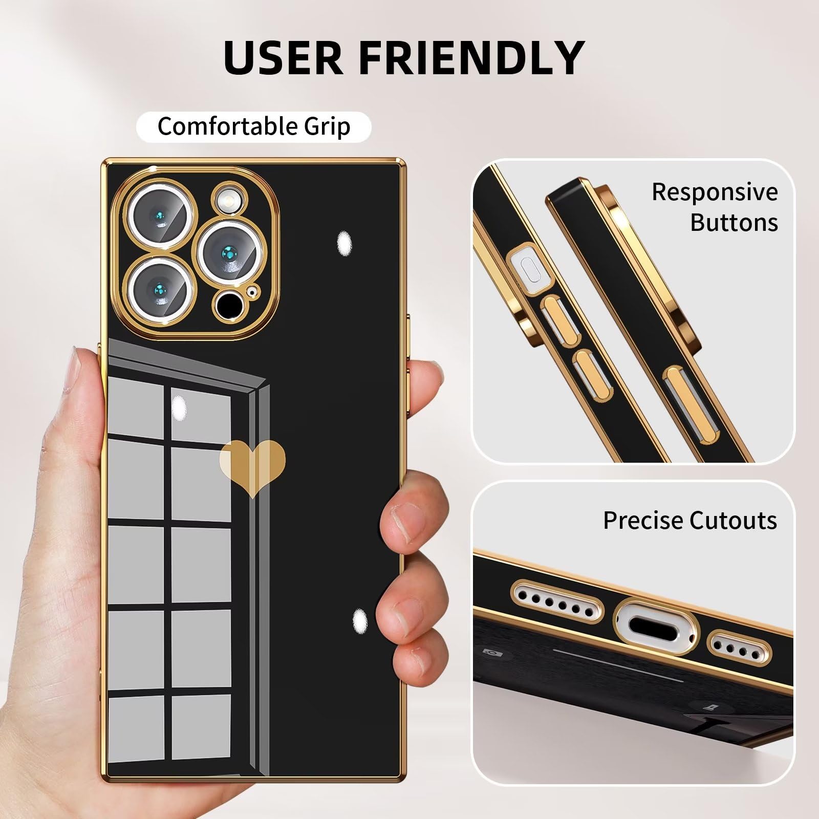 Tzomsze Case Compatible With Iphone 15 Pro Max,Camera Protection Cute Heart Pattern & Electroplate Reinforced Corners Edge Case