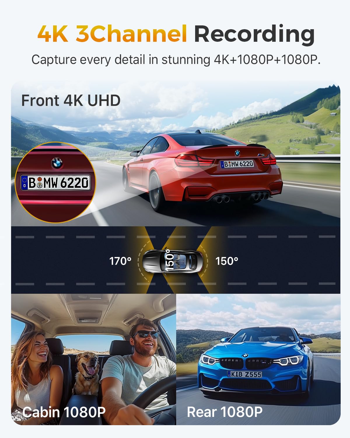 Gku 4K 3 Channel Dash Cam, 5.8Ghz Wifi Built-In Gps, 4K+1080P+1080P Dash Cam Front And Rear Inside, 64Gb Card Inserted, 24H Park