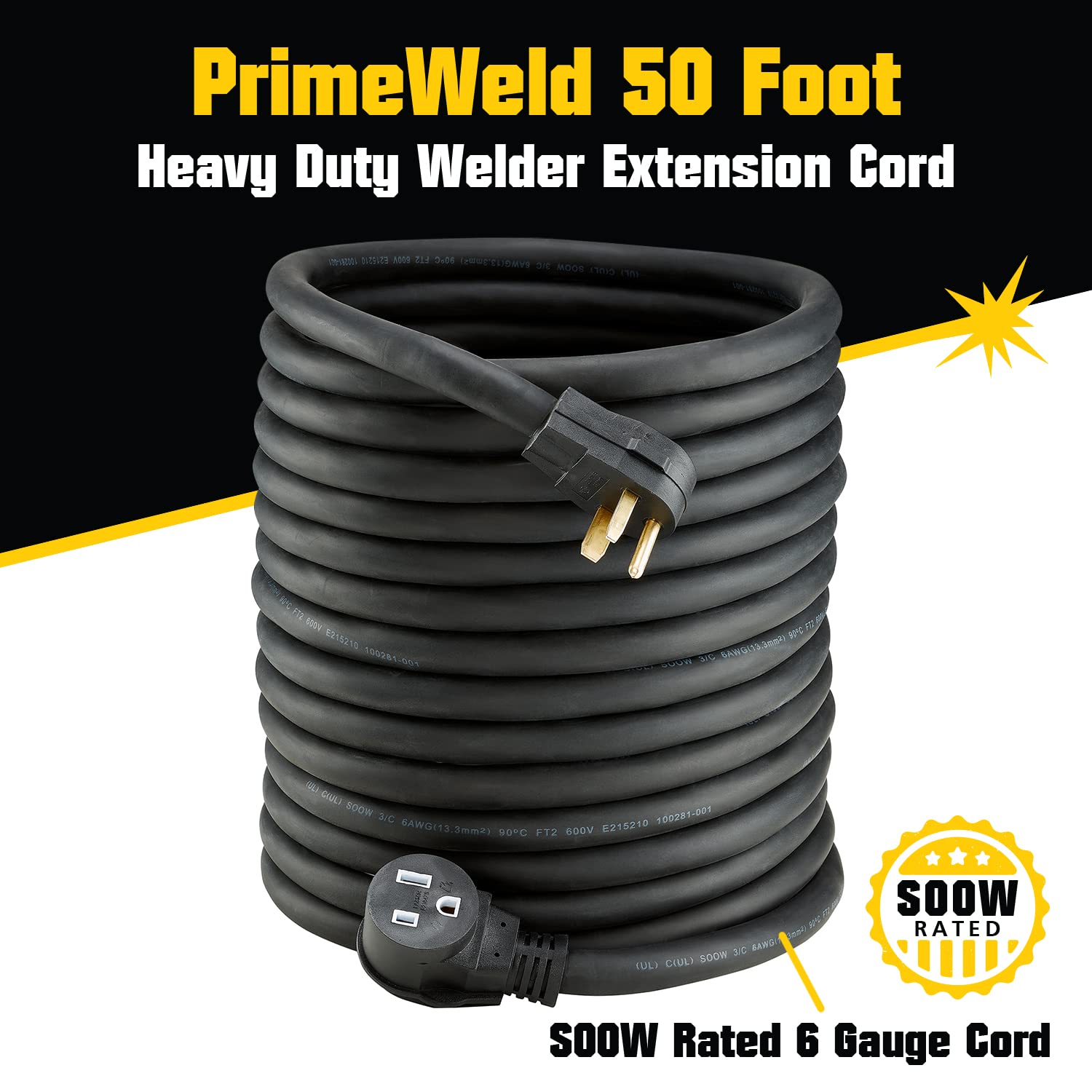 Primeweld Welder Extension Cord, Soow Rated, 50 Amp, 250V Nema 6 50 Heavy Duty Welding Cable, 6 Gauge, (50Ft)