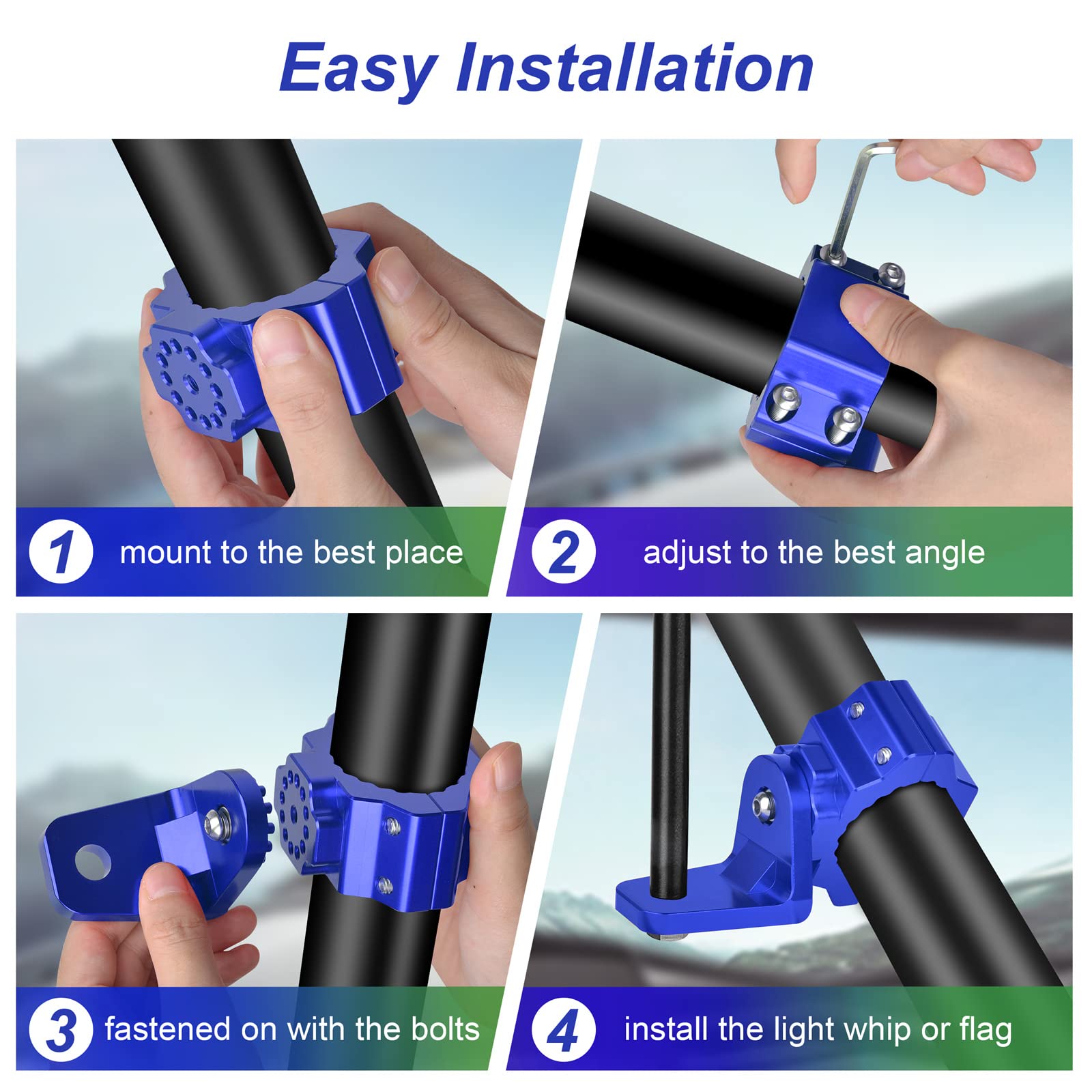 Zidiyoruo Utv Whip And Spot Light Mount, 360 Rotating Flag Hole, Aluminium Alloy, 1.75 To 2 Roll Cage (2 Pcs Blue)