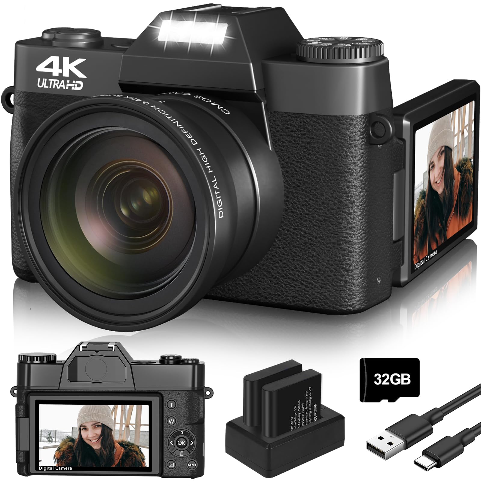 Digital Camera, 4K Vlogging Camera For Youtube 56Mp 16X Digital Zoom Manual Focus Students Compact Photography Camera With 52Mm Wide Angle & Macro Lens, 32G Tf Card And 2 Batteries(Black)