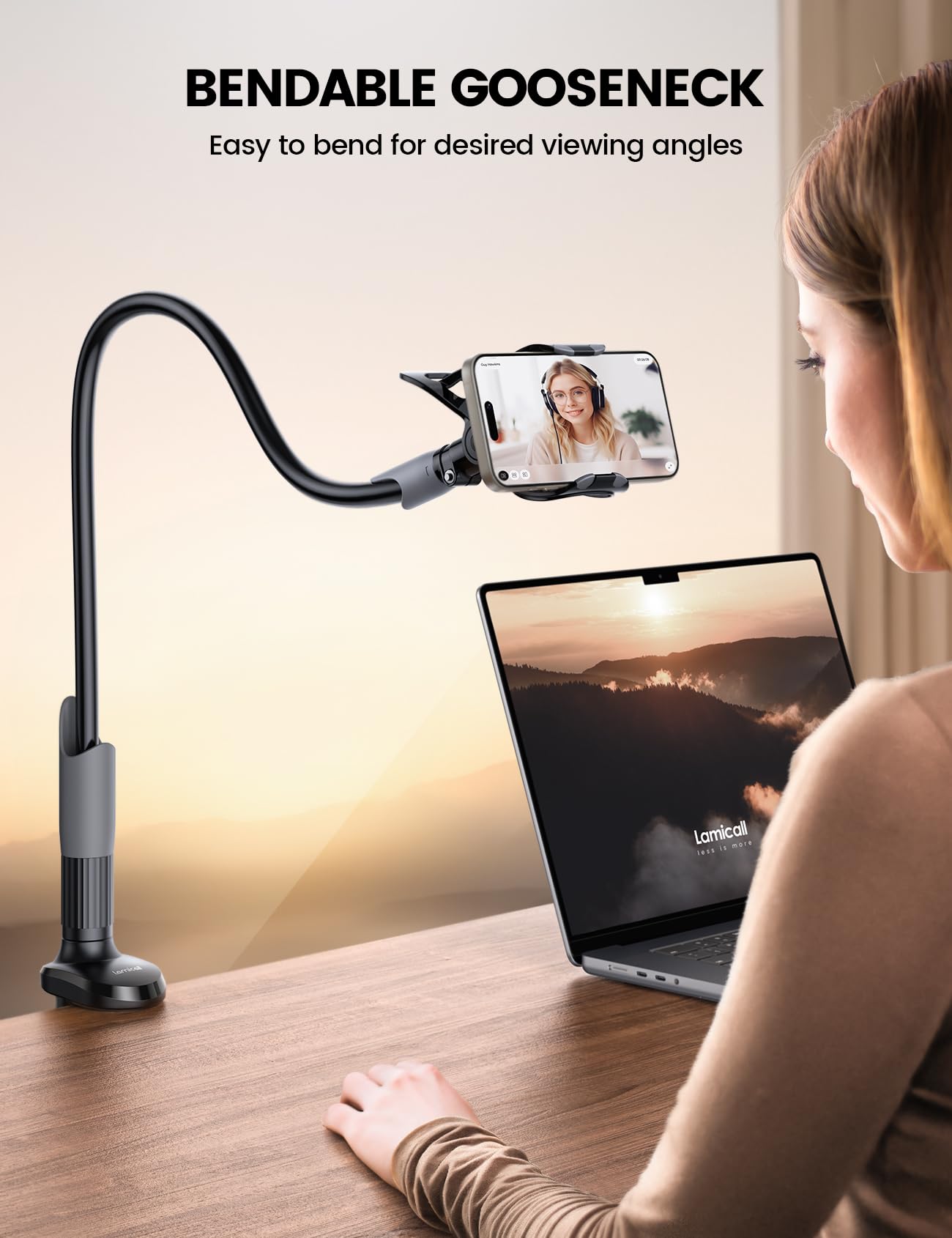 Lamicall Gooseneck Phone Holder for Bed   Cell Phone Mount Clamp Clip, Flexible Long Arm, Overhead Mount for Desk Headboard Bedside, for iPhone 16 Pro Max, 15 Pro Max, 14 Plus, 13 Mini & 4 7' Phone