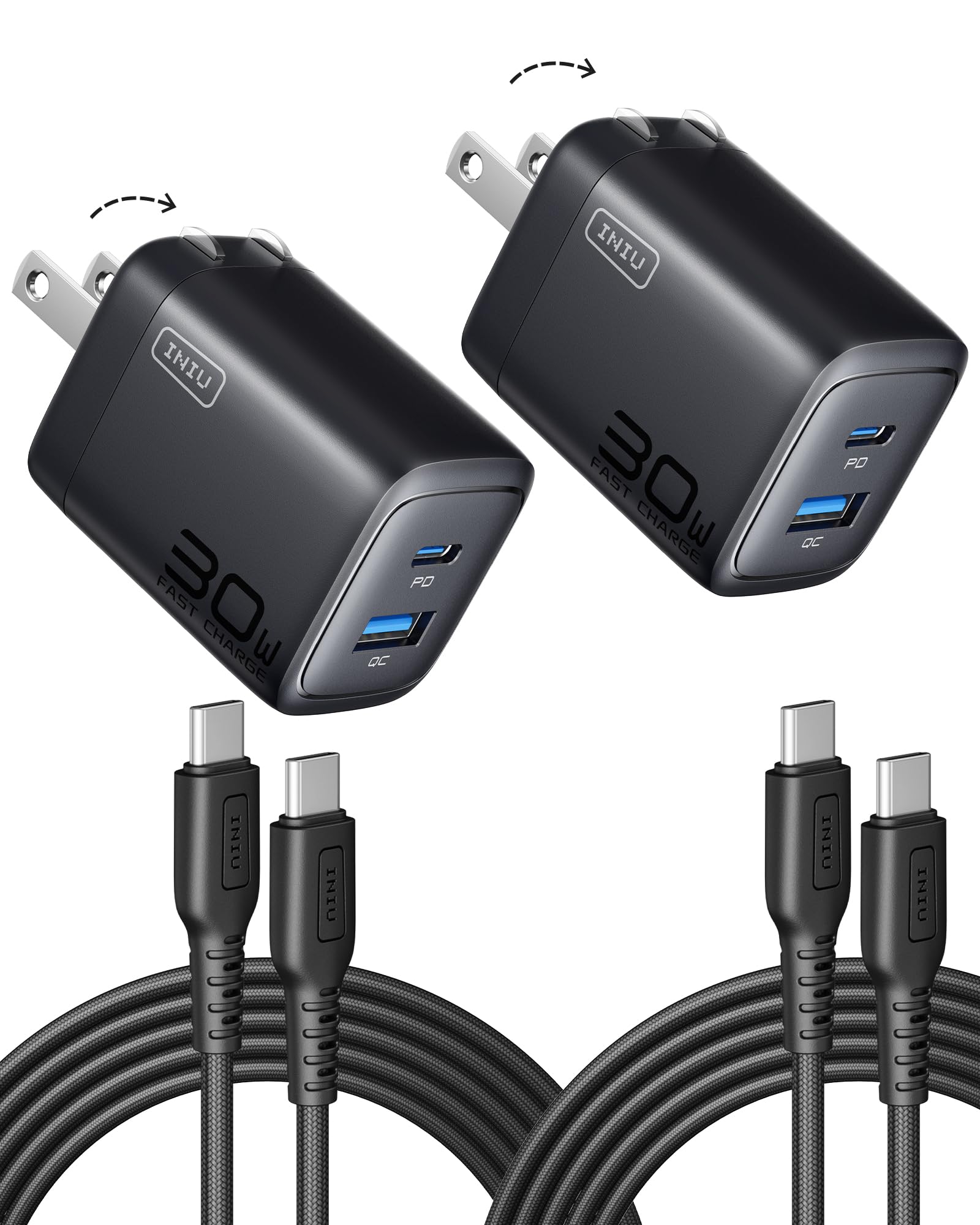 INIU USB C Charger, 2-Pack 30W PD QC 3.0 Dual Port Fast Charging Type C Charger Block with 5ft USB-C Cable, Compact USB C Wall C