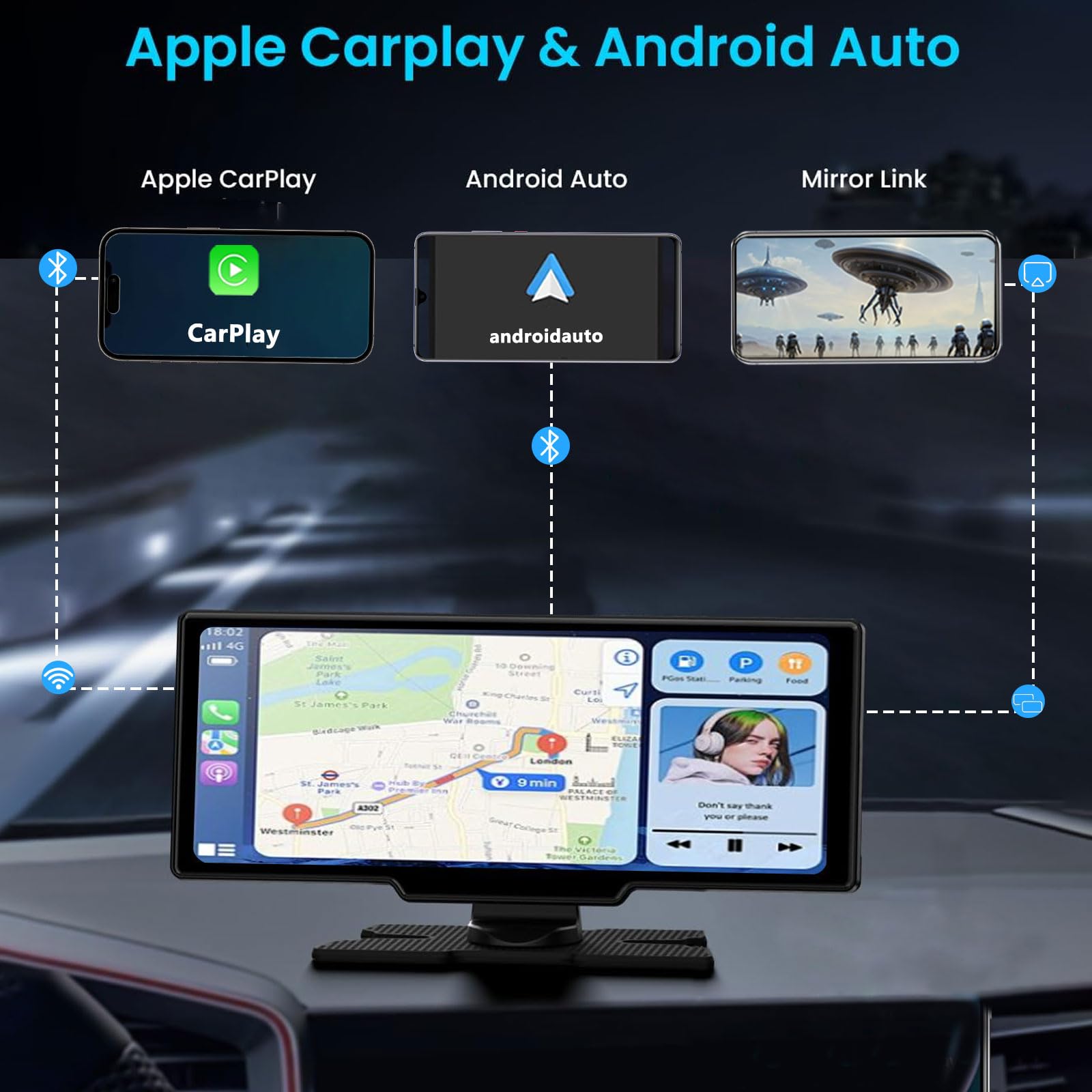 Portable Apple Carplay & Android Auto Screen For Car | 4K Dash Cam | 10.26   Touchscreen Car Stereo With Voice Control, Music