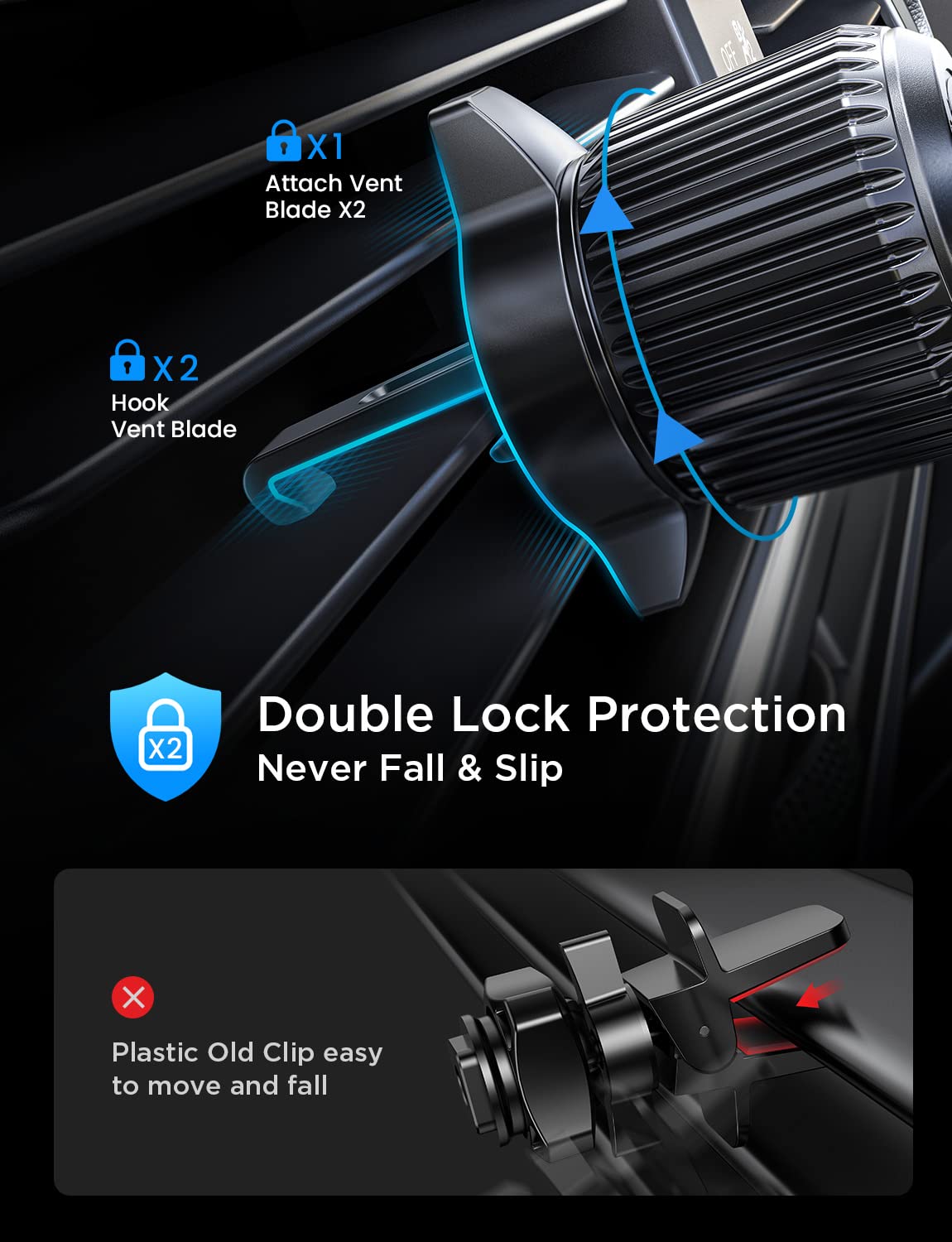 Lisen Air Vent Phone Holder For Car, Phone Holders For Your Car Vent Wider Clamp & Metal Hook Phone Holder [Thick Cases Friendly