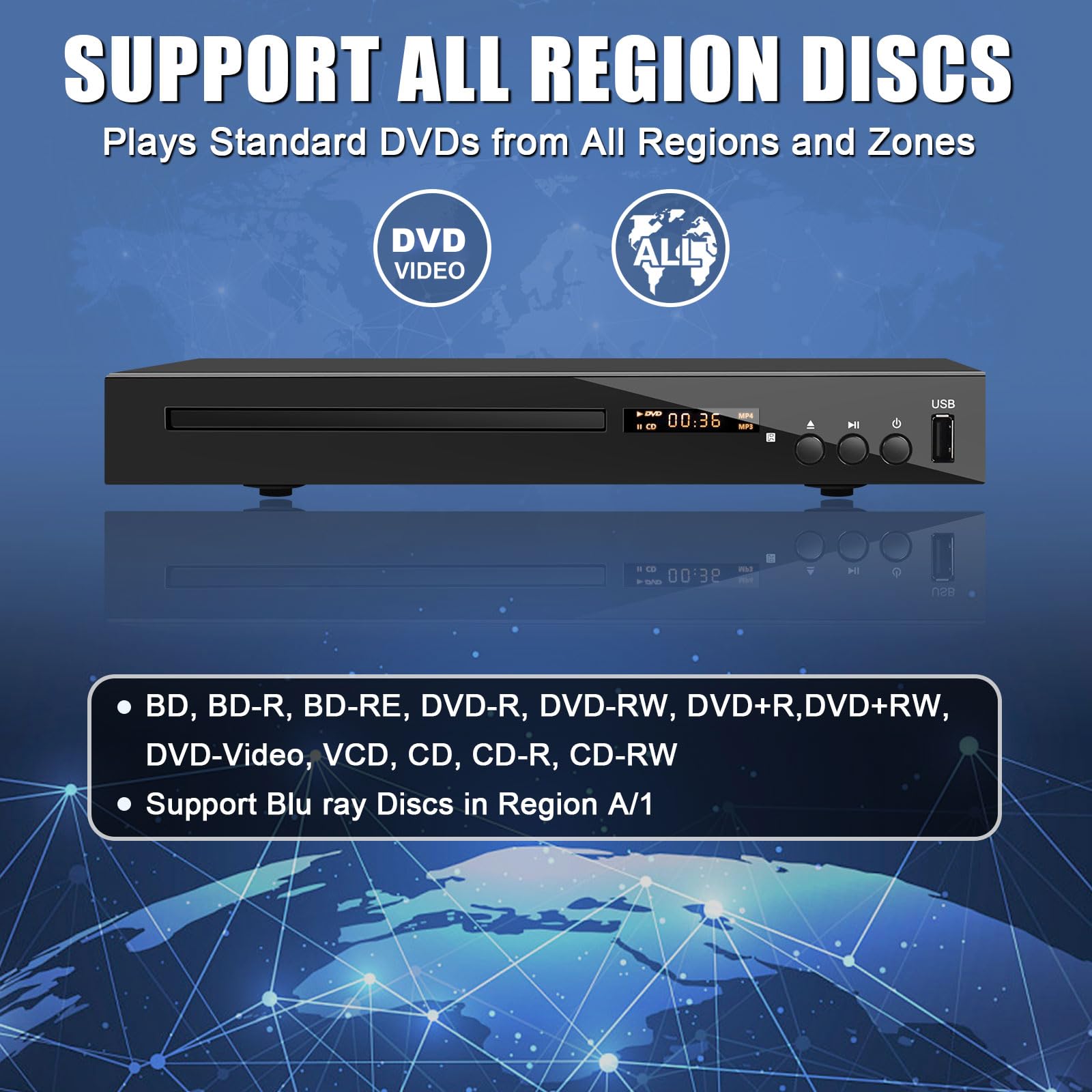 Jovell Hd Blu Ray Dvd Player, Region A/1, 1080P, Multi Format, Hdmi/Av/Coaxial Output, Usb, Dolby Sound, Includes Hdmi Cable, Re