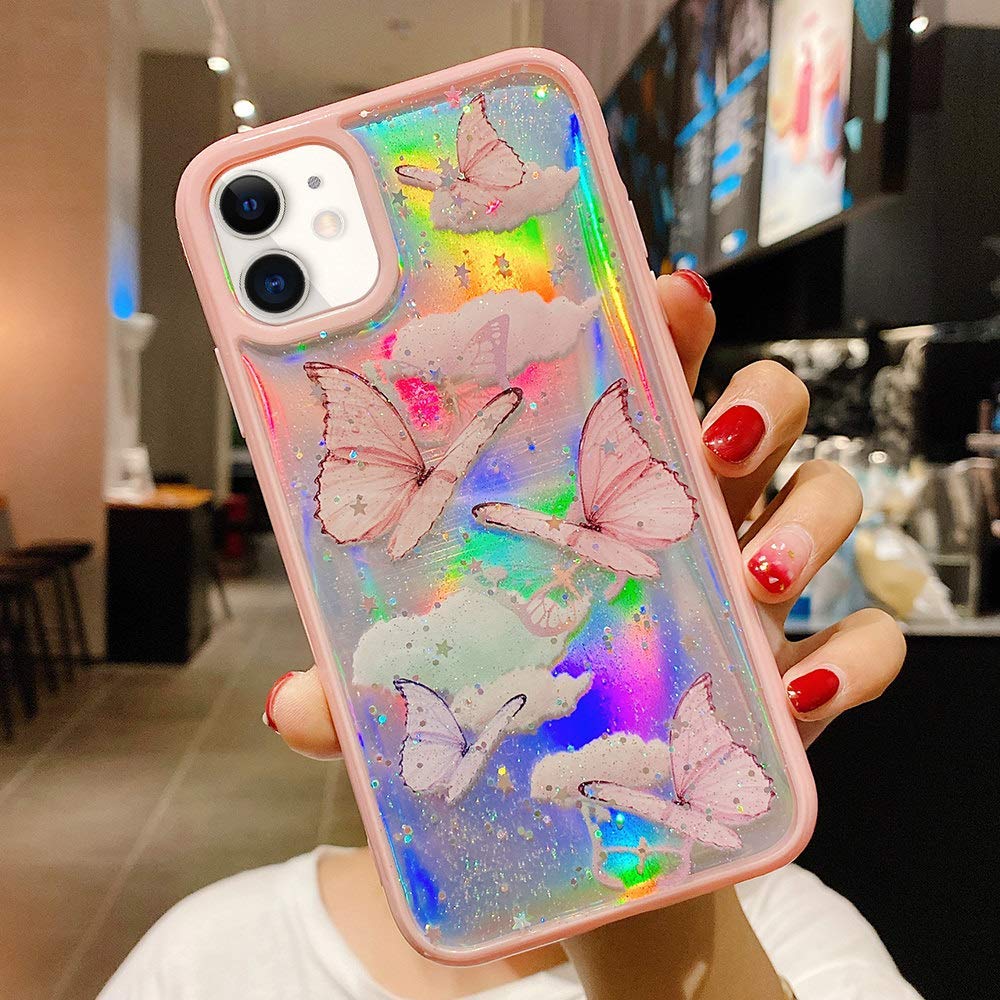 Lchulle Girly Case Compatible With Iphone 12/Iphone 12 Pro Case Cute Iridescent Butterfly Design Laser Bling Glitter Stars Girls