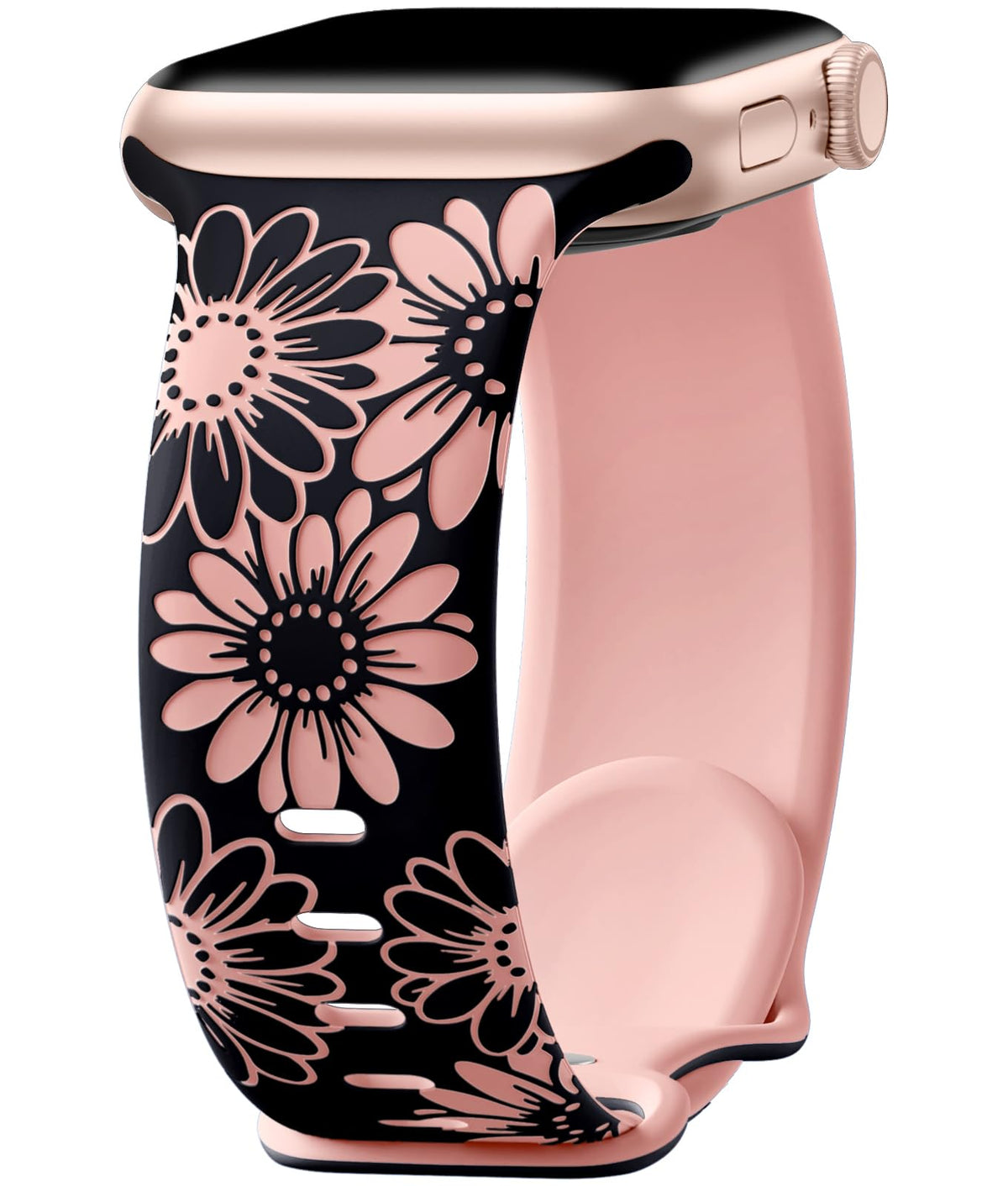 Daqin Floral Engraved Band Compatible With Apple Watch Bands 44Mm 45Mm 46Mm 42Mm 49Mm Women, Cute Two Tone Flower Soft Silicone