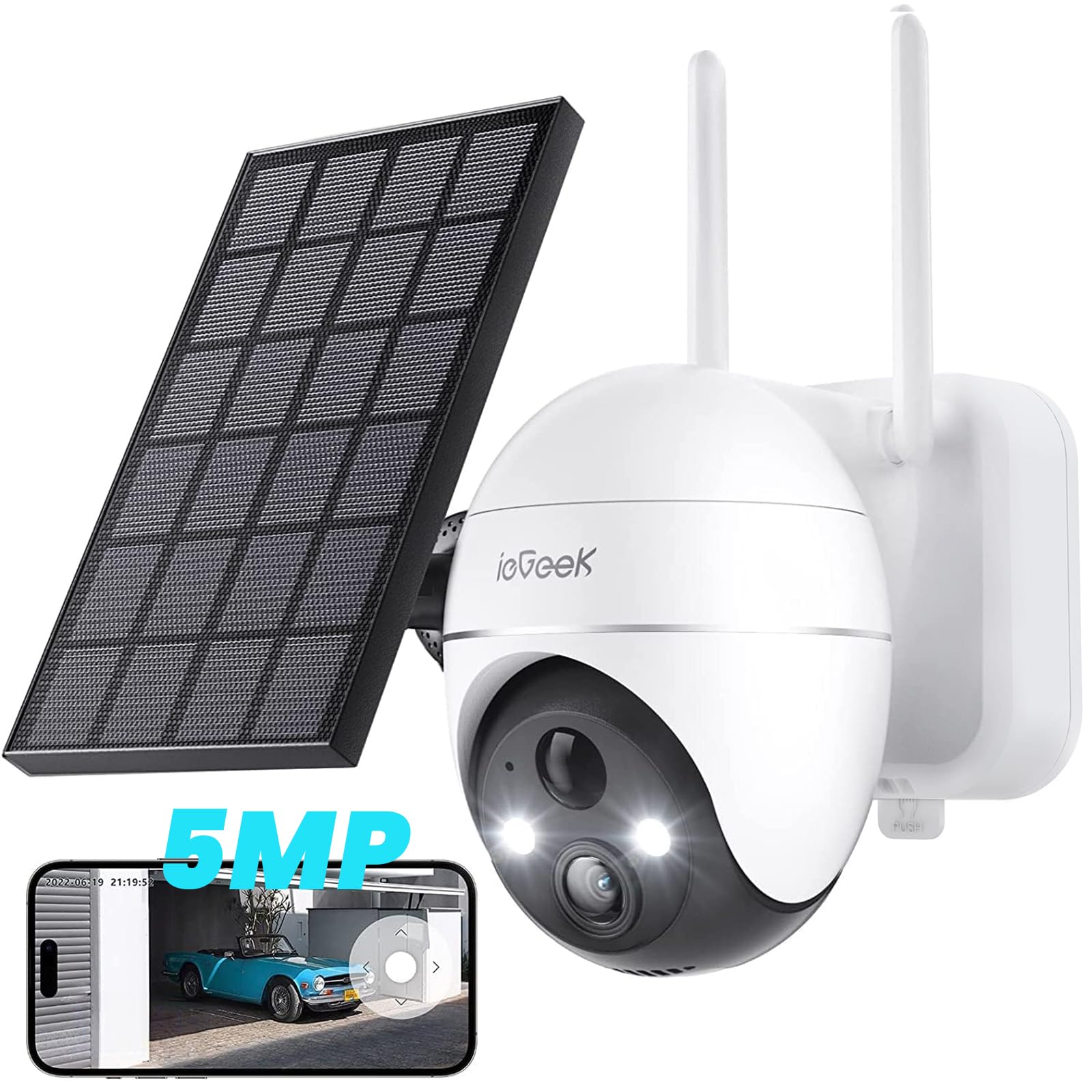 Iegeek 5Mp Security Cameras Wireless Outside, Solar Camera Outdoor Wireless Wifi 360� Ptz Battery Powered With Spotlight & Siren/Motion Detection/Color Night Vision/2 Way Audio/Ip65, Works With Alexa